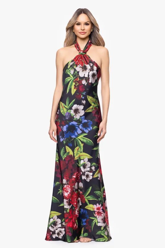 "Cassidy" Satin Floral Print Floor Length Dress sold by Betsy & Adam