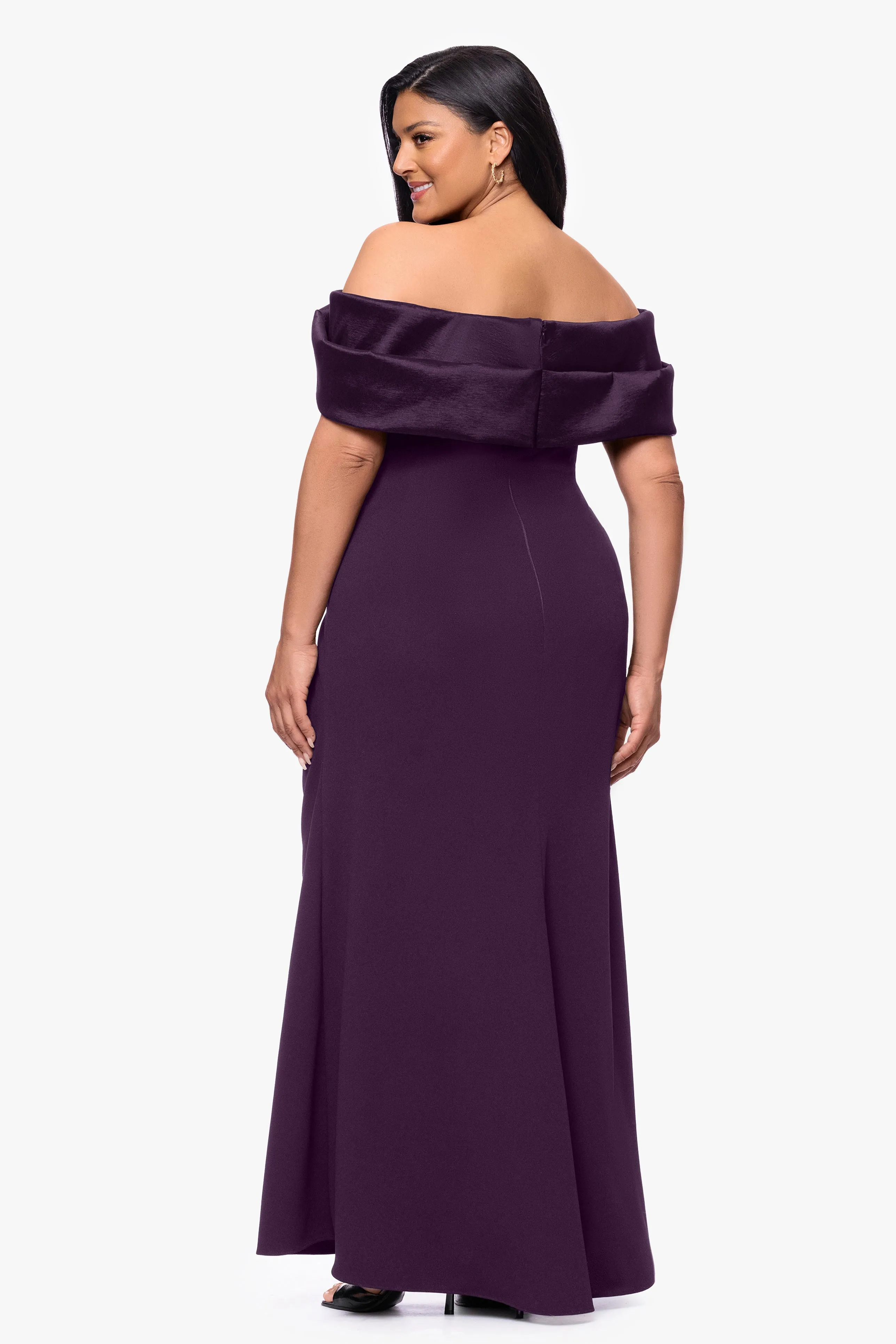 Plus "Monica" Scuba Crepe Off the Shoulder Taffeta Trim Ruch Floor Length Dress sold by Betsy & Adam product image thumbnail 3
