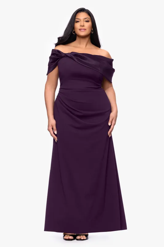 Plus "Monica" Scuba Crepe Off the Shoulder Taffeta Trim Ruch Floor Length Dress sold by Betsy & Adam