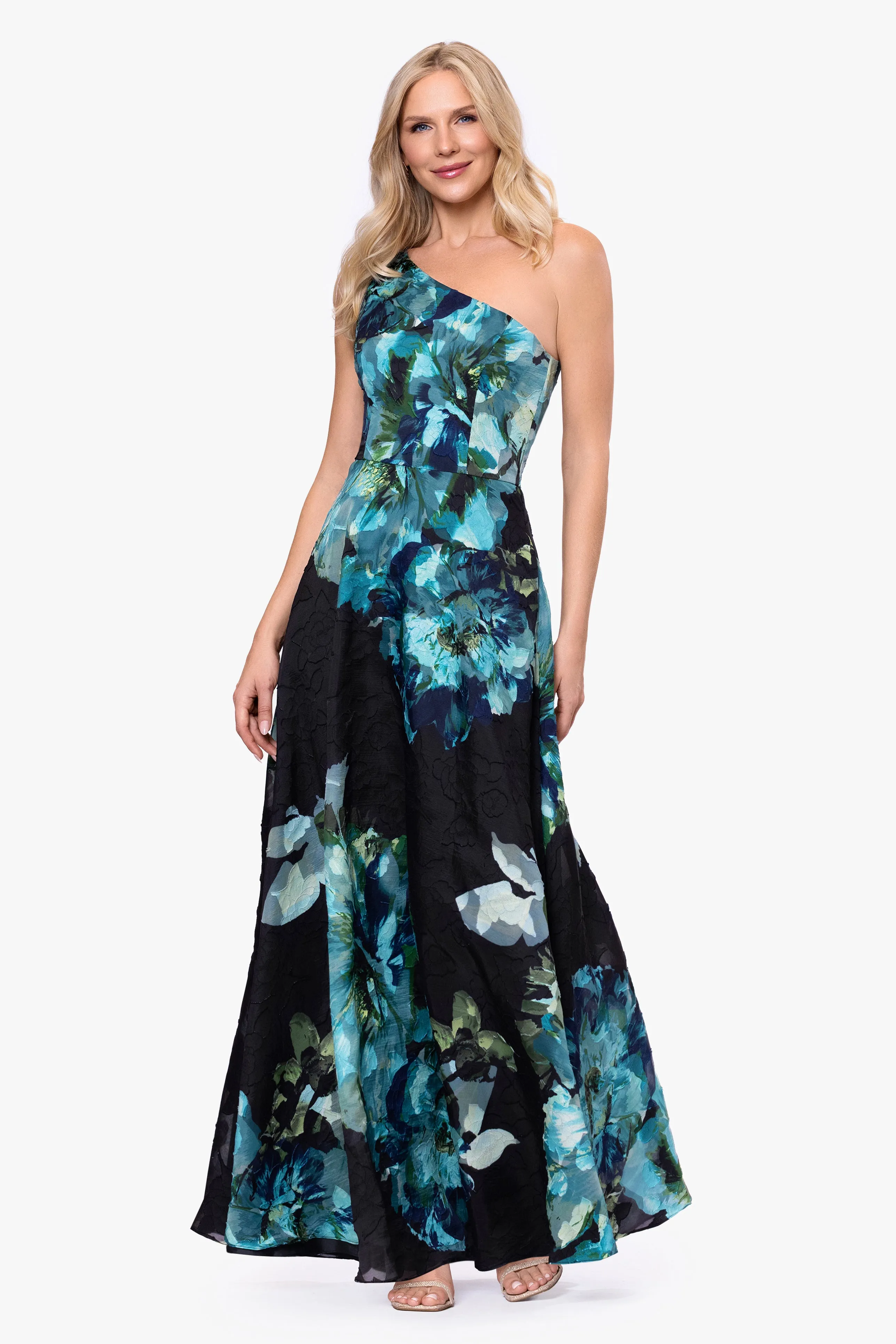 "Carli" Organza Jacquard Burnout One Shoulder Floor Length Dress sold by Betsy & Adam