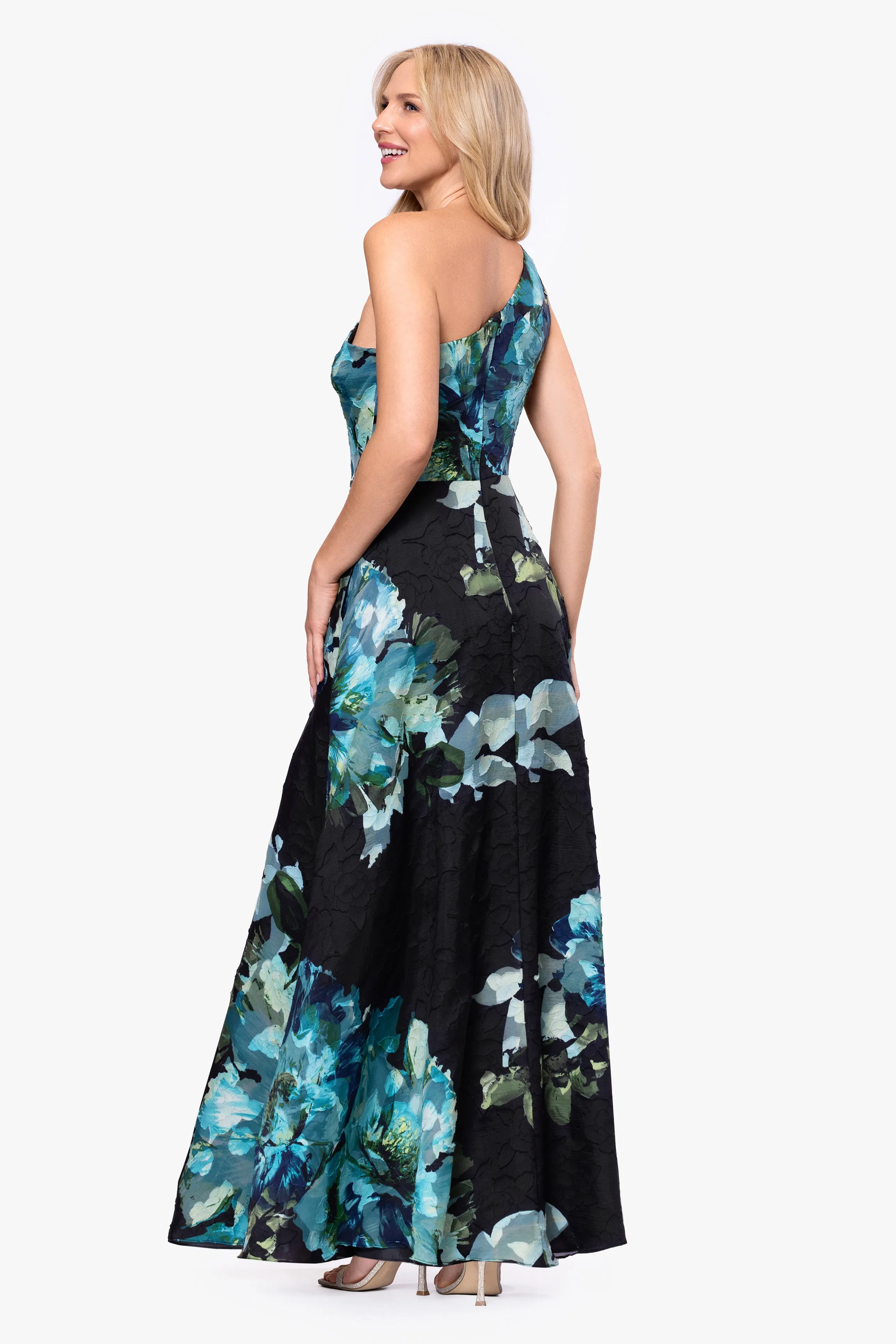 "Carli" Organza Jacquard Burnout One Shoulder Floor Length Dress sold by Betsy & Adam product image thumbnail 3