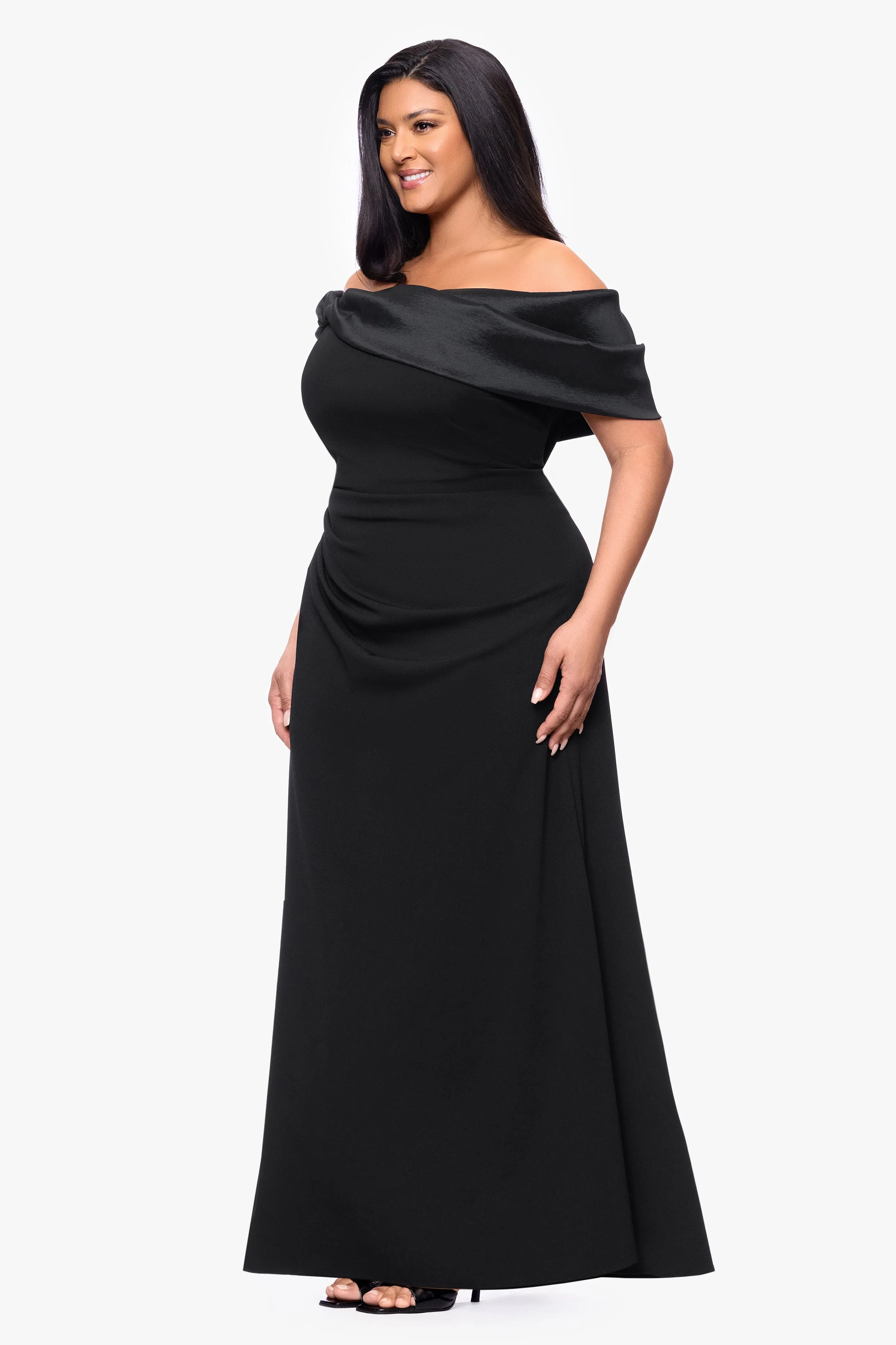 Plus "Monica" Scuba Crepe Off the Shoulder Taffeta Trim Ruch Floor Length Dress sold by Betsy & Adam product image thumbnail 4