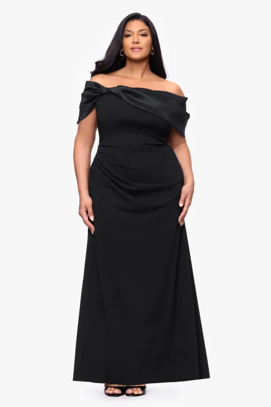 Plus "Monica" Scuba Crepe Off the Shoulder Taffeta Trim Ruch Floor Length Dress made by Betsy & Adam