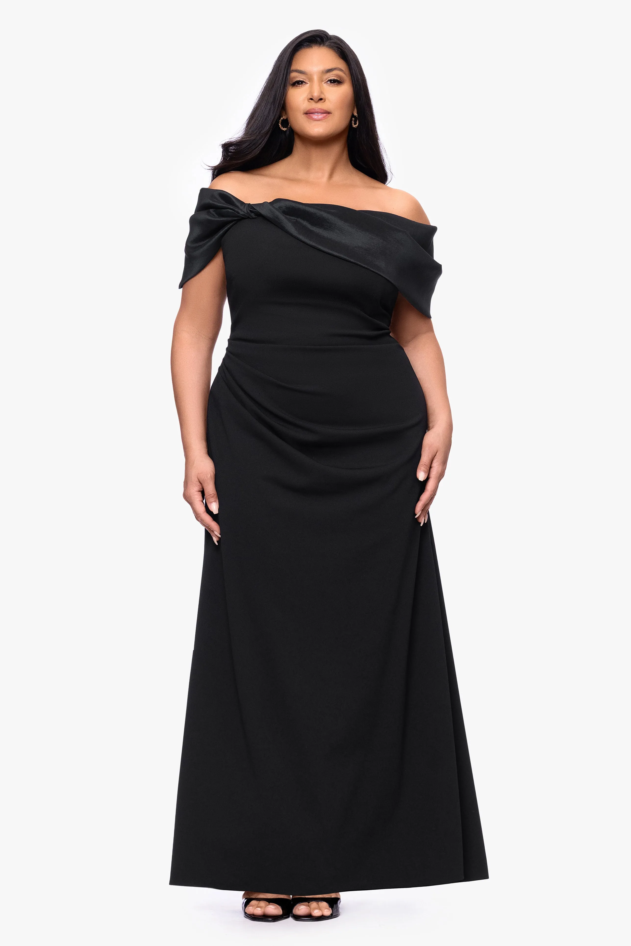 Plus "Monica" Scuba Crepe Off the Shoulder Taffeta Trim Ruch Floor Length Dress sold by Betsy & Adam