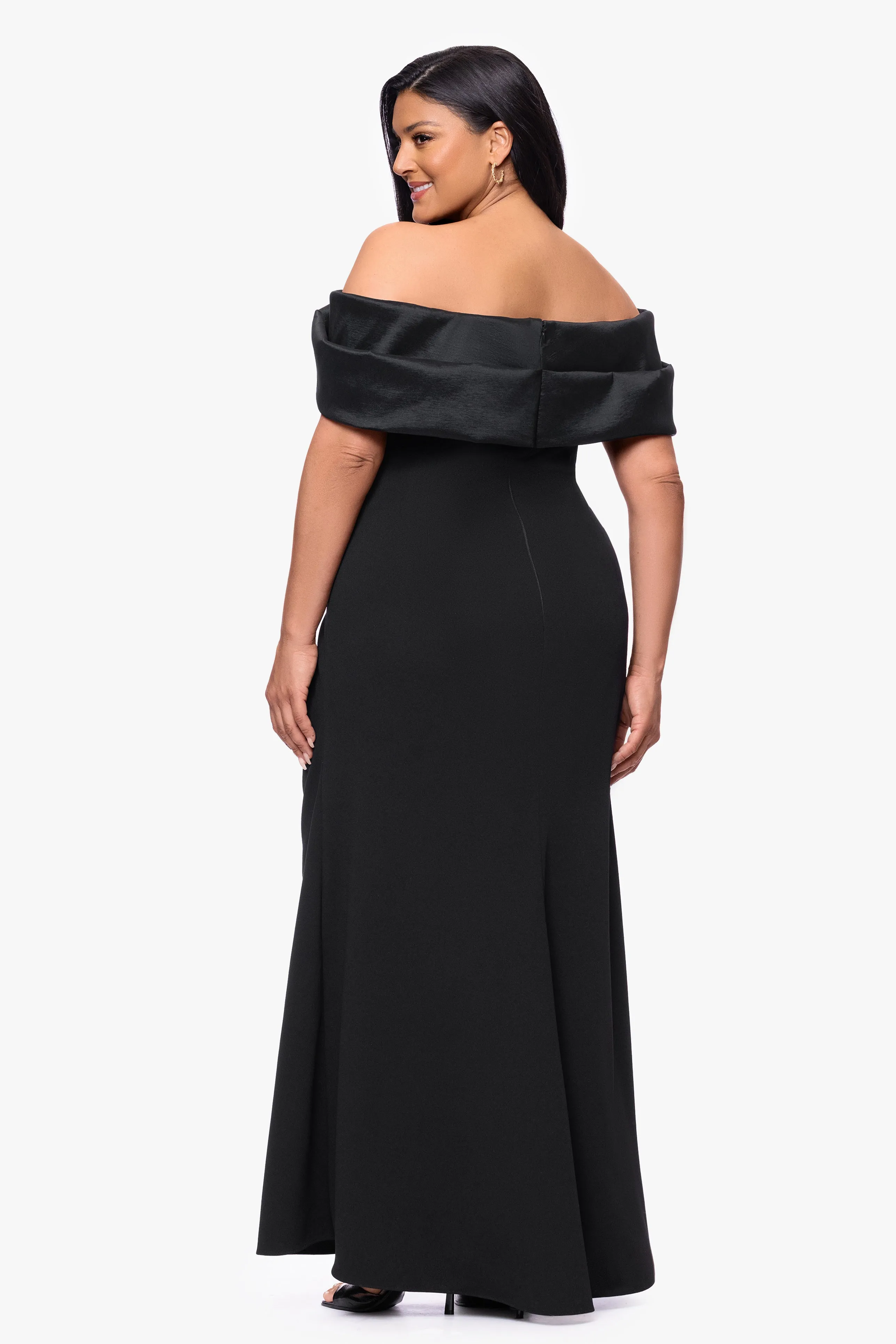 Plus "Monica" Scuba Crepe Off the Shoulder Taffeta Trim Ruch Floor Length Dress sold by Betsy & Adam product image thumbnail 3