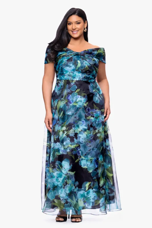 Plus "Tiffany" Organza Printed Off The Shoulder Floor Length Dress sold by Betsy & Adam