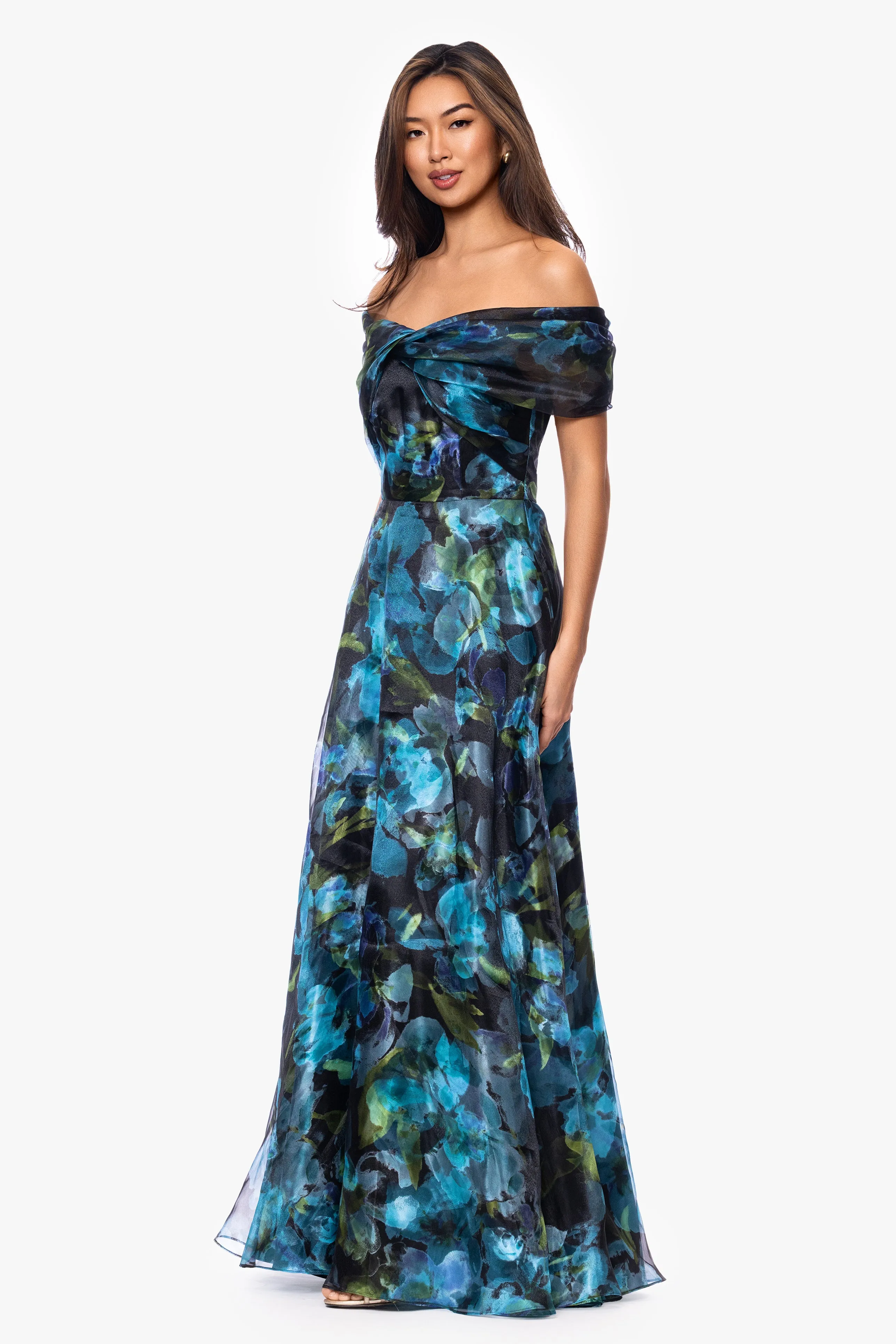 Petite "Tiffany" Organza Printed Off The Shoulder Floor Length Dress sold by Betsy & Adam product image thumbnail 5