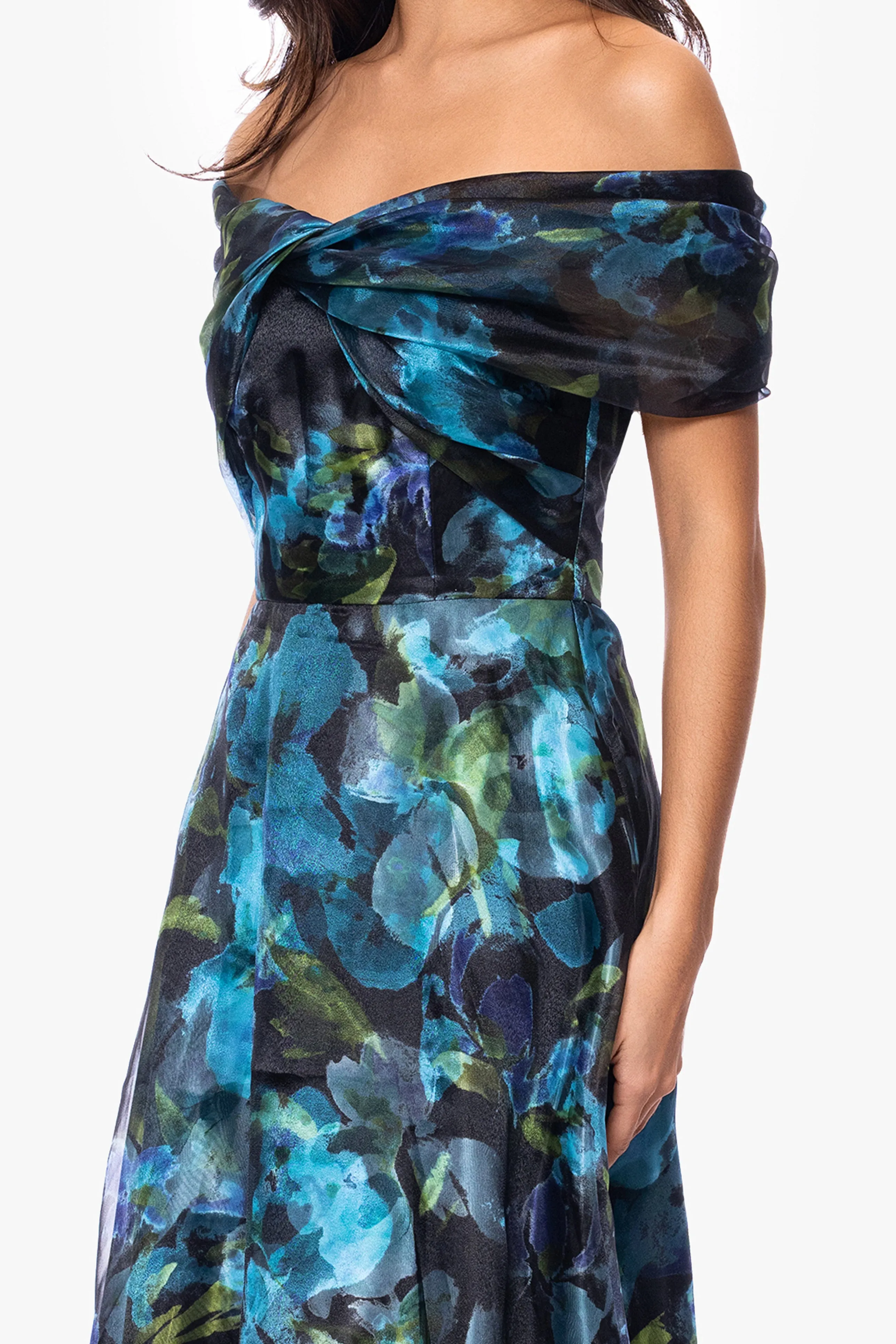 "Tiffany" Organza Printed Off The Shoulder Floor Length Dress sold by Betsy & Adam product image thumbnail 3