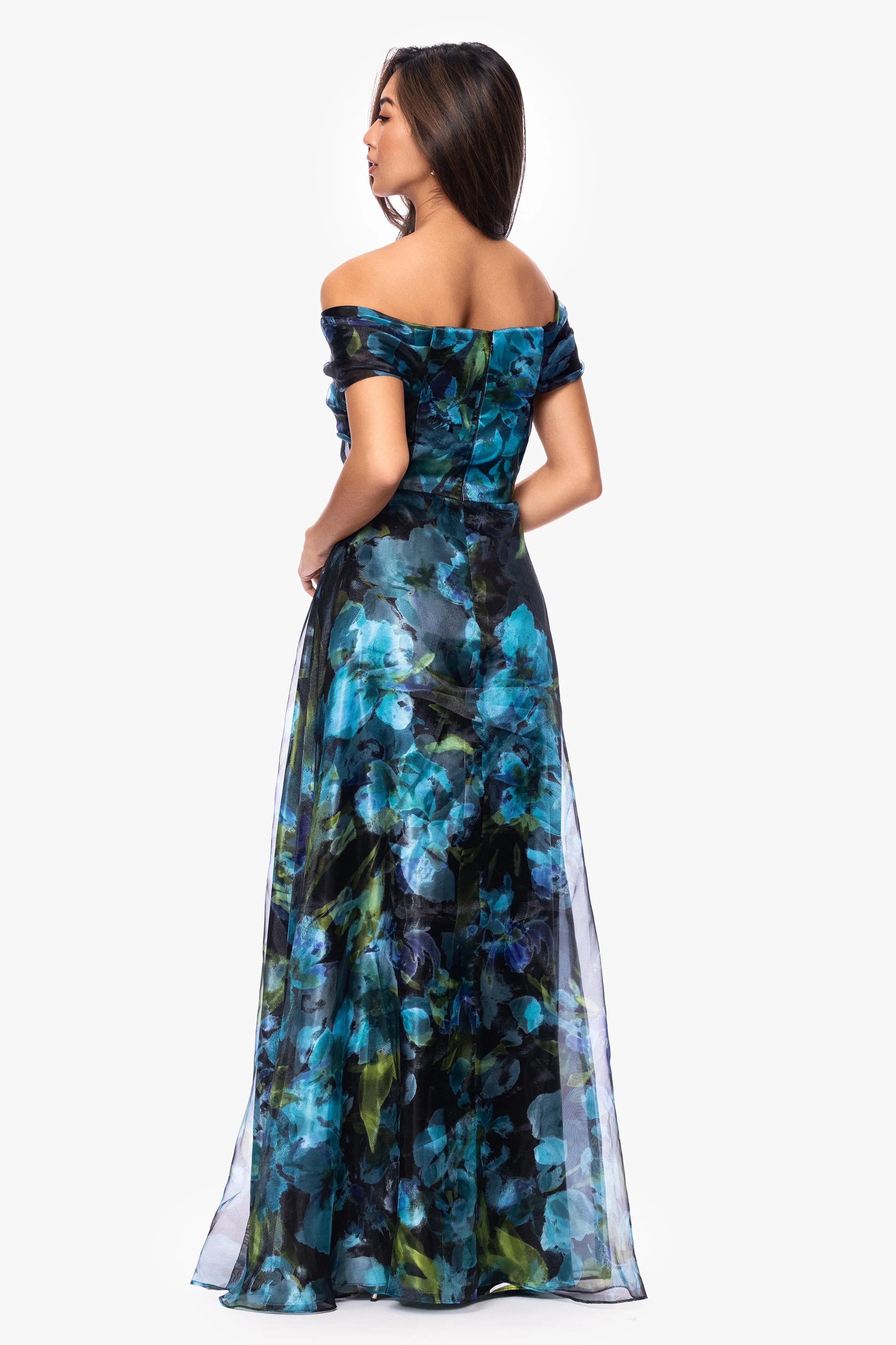 "Tiffany" Organza Printed Off The Shoulder Floor Length Dress sold by Betsy & Adam product image thumbnail 4