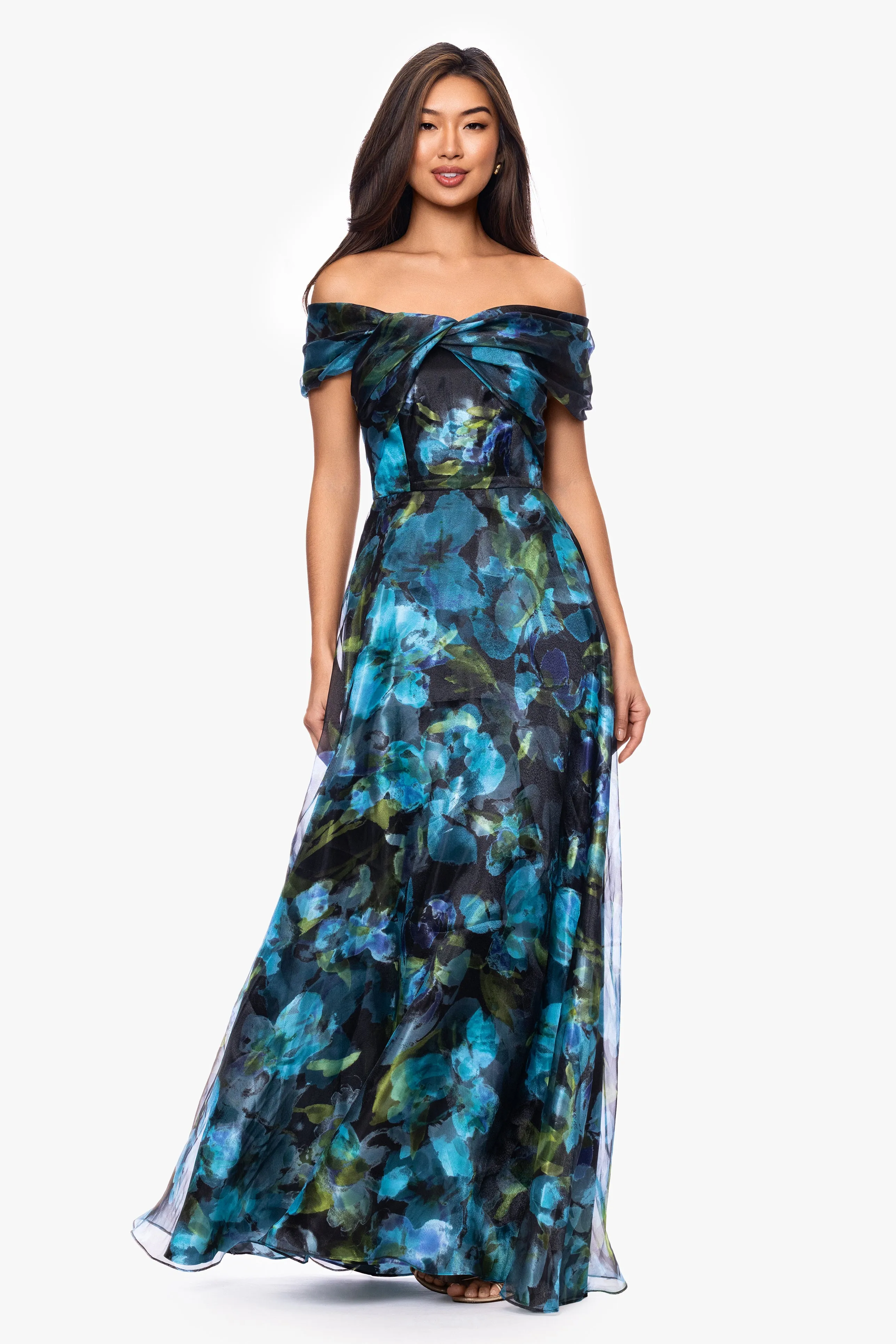 "Tiffany" Organza Printed Off The Shoulder Floor Length Dress sold by Betsy & Adam product image thumbnail 2