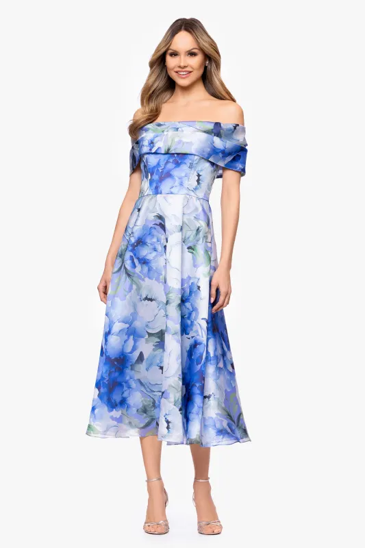 "Alexis" Organza Off The Shoulder Floral Midi Dress sold by Betsy & Adam
