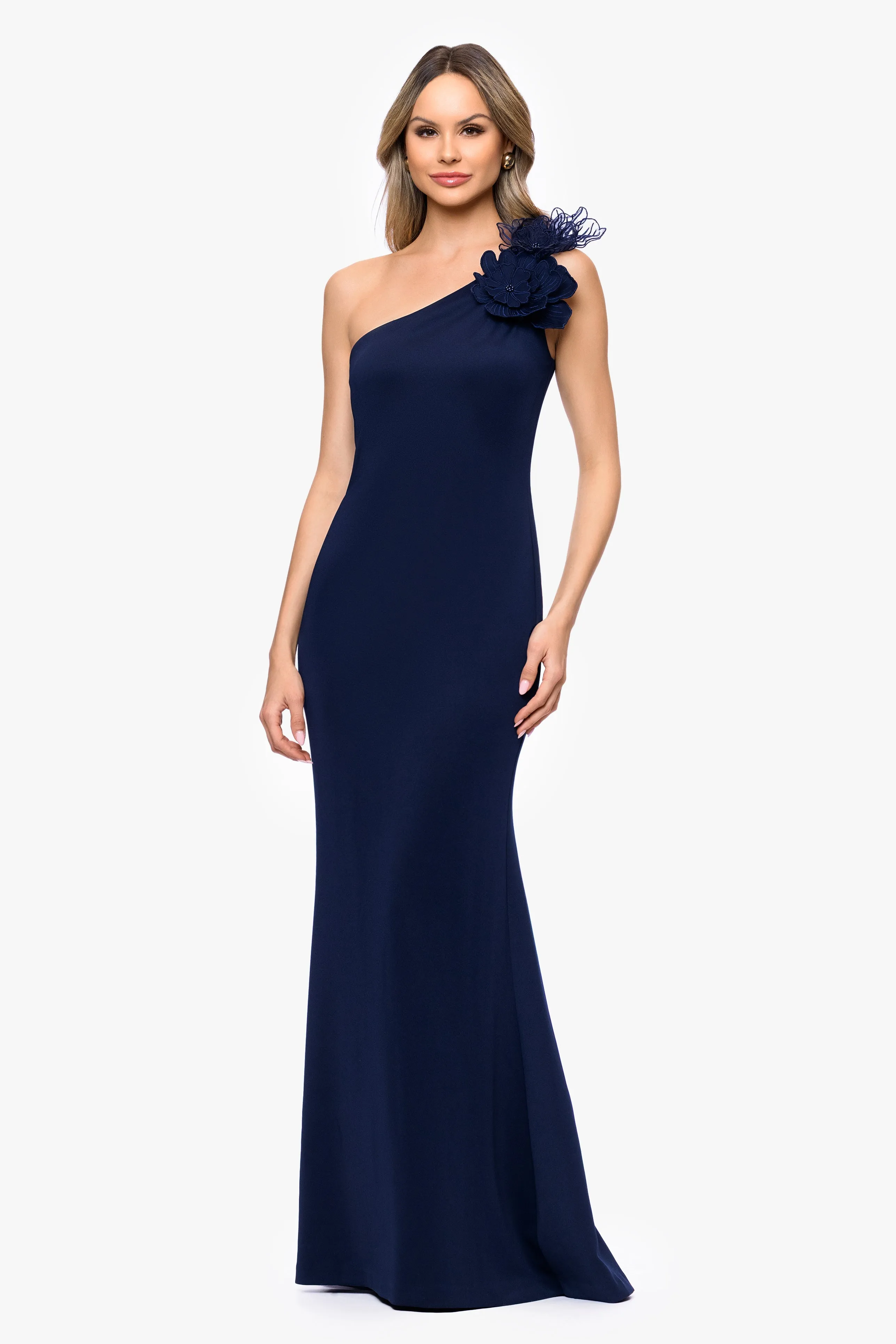 "Raven" Techno Scuba One Shoulder Flower Floor Length Dress sold by Betsy & Adam product image thumbnail 4