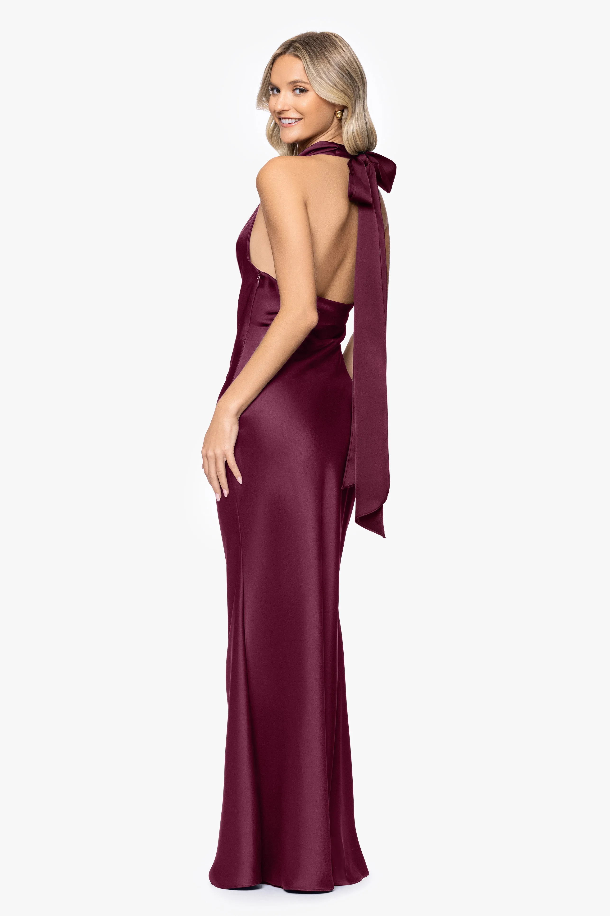 "Morgan" Satin Drop Halter Floor Length Dress sold by Betsy & Adam product image thumbnail 3