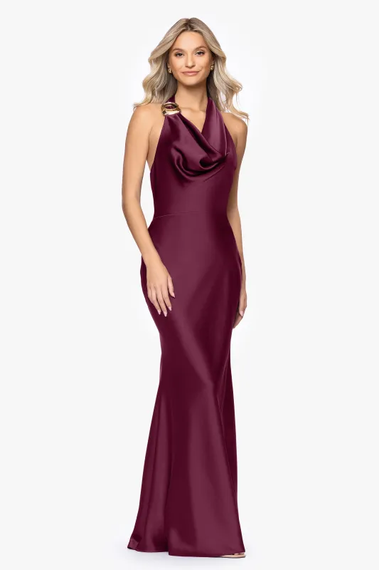 "Morgan" Satin Drop Halter Floor Length Dress sold by Betsy & Adam