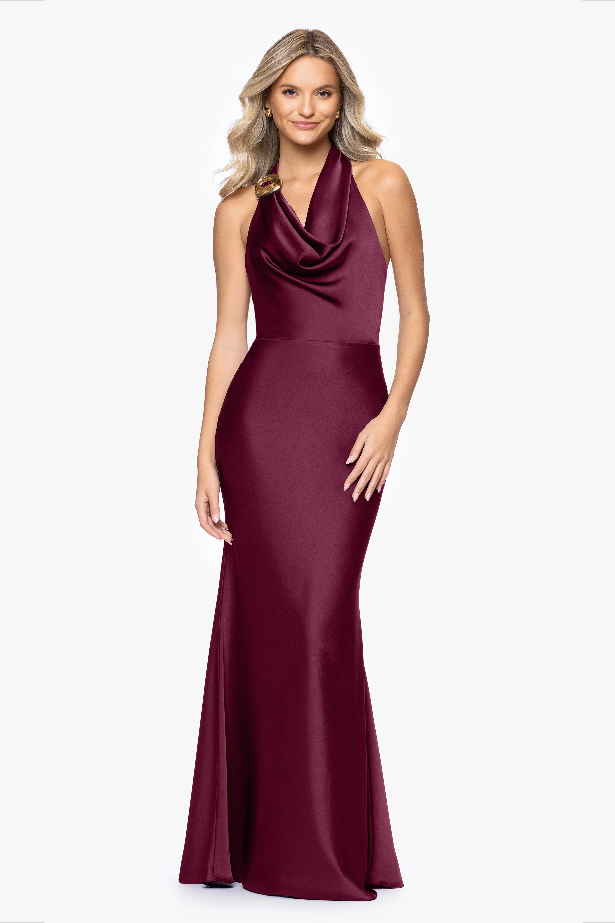 "Morgan" Satin Drop Halter Floor Length Dress sold by Betsy & Adam product image thumbnail 4