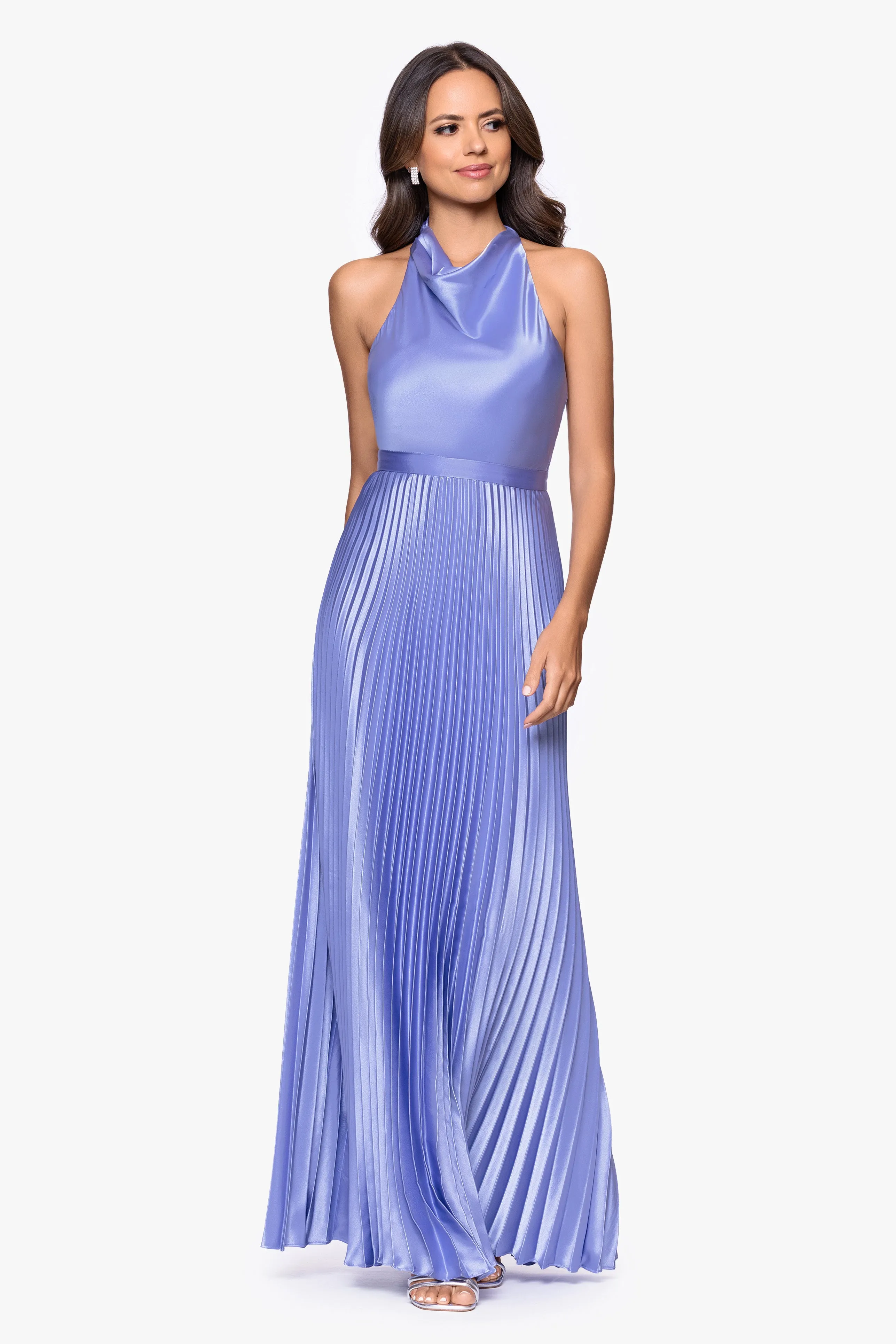 "Claire" Satin Tie Neck Pleated Skirt Floor Length Dress sold by Betsy & Adam