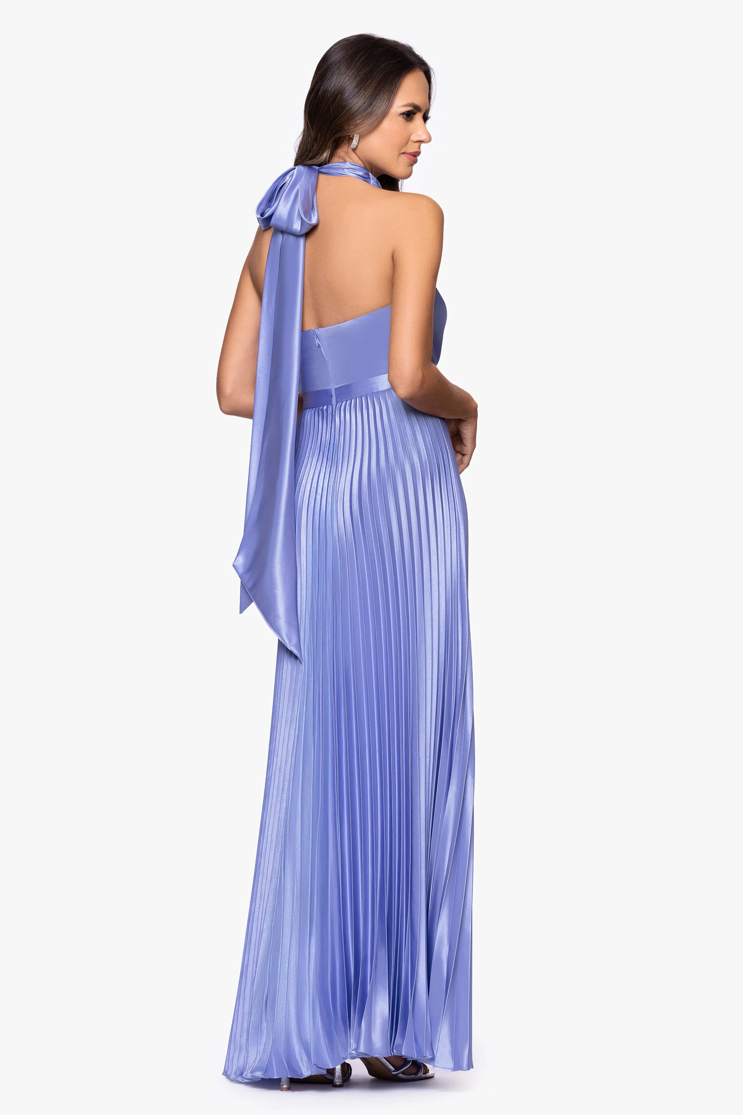 "Claire" Satin Tie Neck Pleated Skirt Floor Length Dress sold by Betsy & Adam product image thumbnail 3