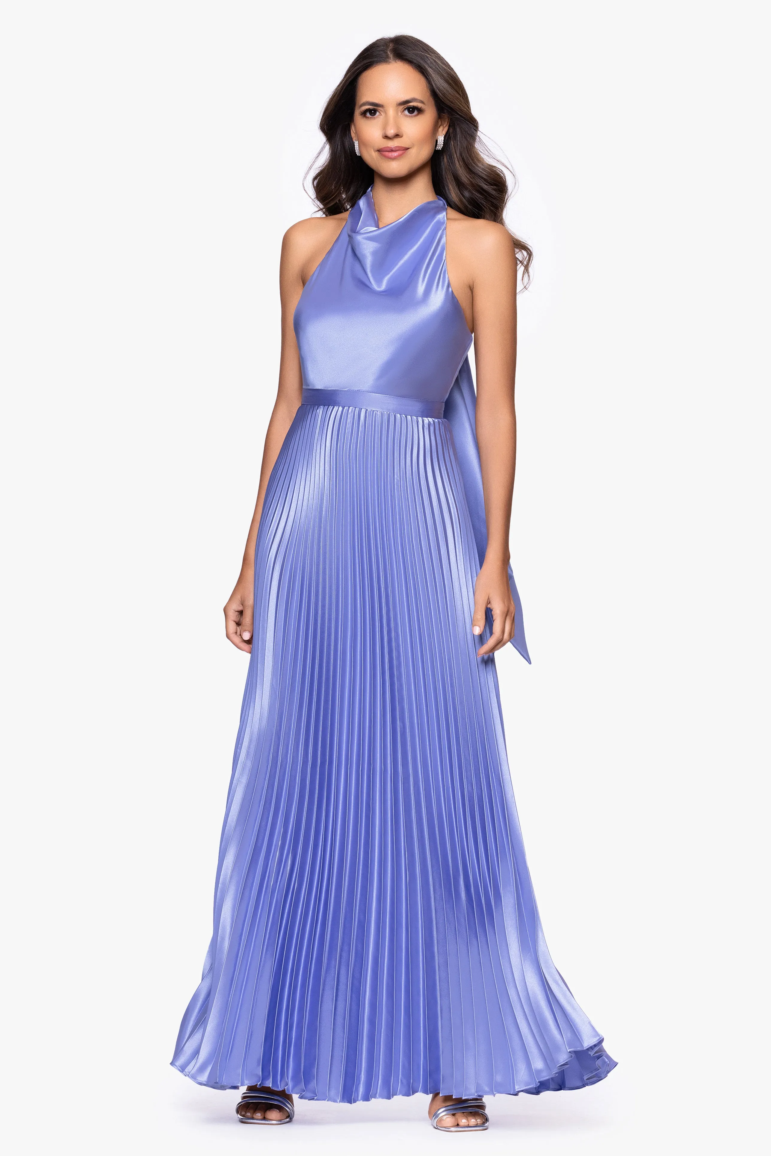 "Claire" Satin Tie Neck Pleated Skirt Floor Length Dress sold by Betsy & Adam product image thumbnail 5