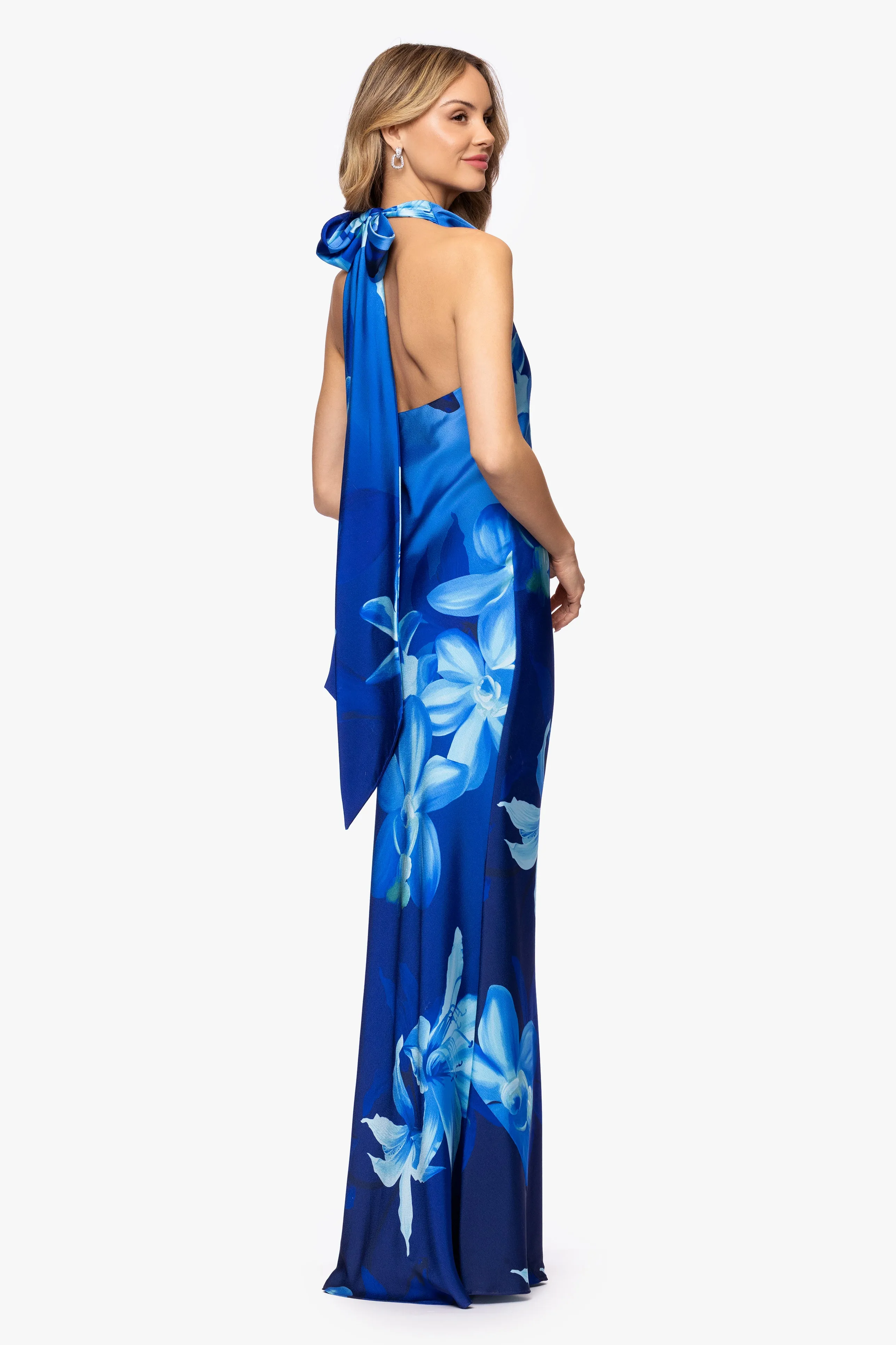 "Maya" Print Satin Halter Neck Floor Length Dress sold by Betsy & Adam product image thumbnail 3