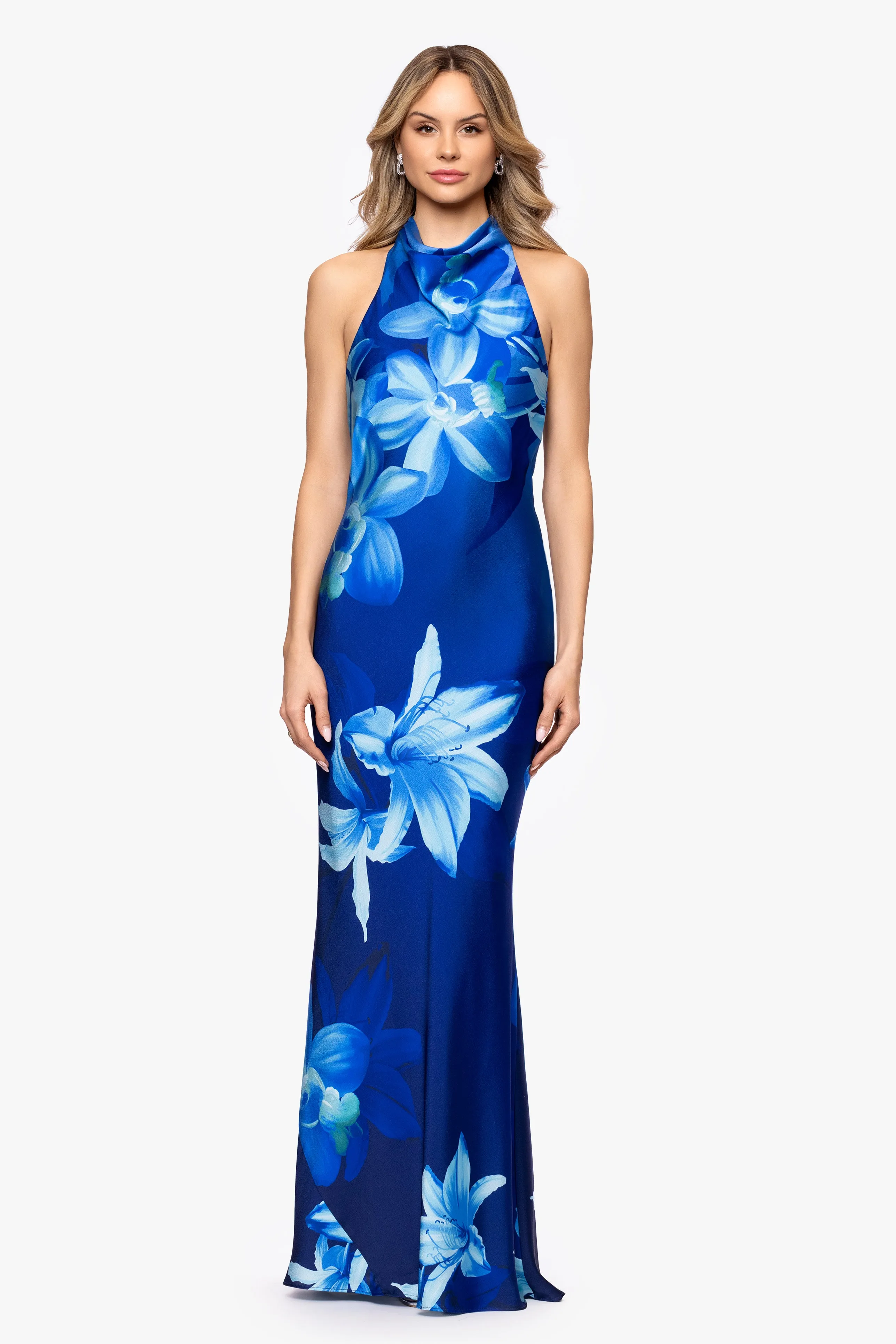 "Maya" Print Satin Halter Neck Floor Length Dress sold by Betsy & Adam