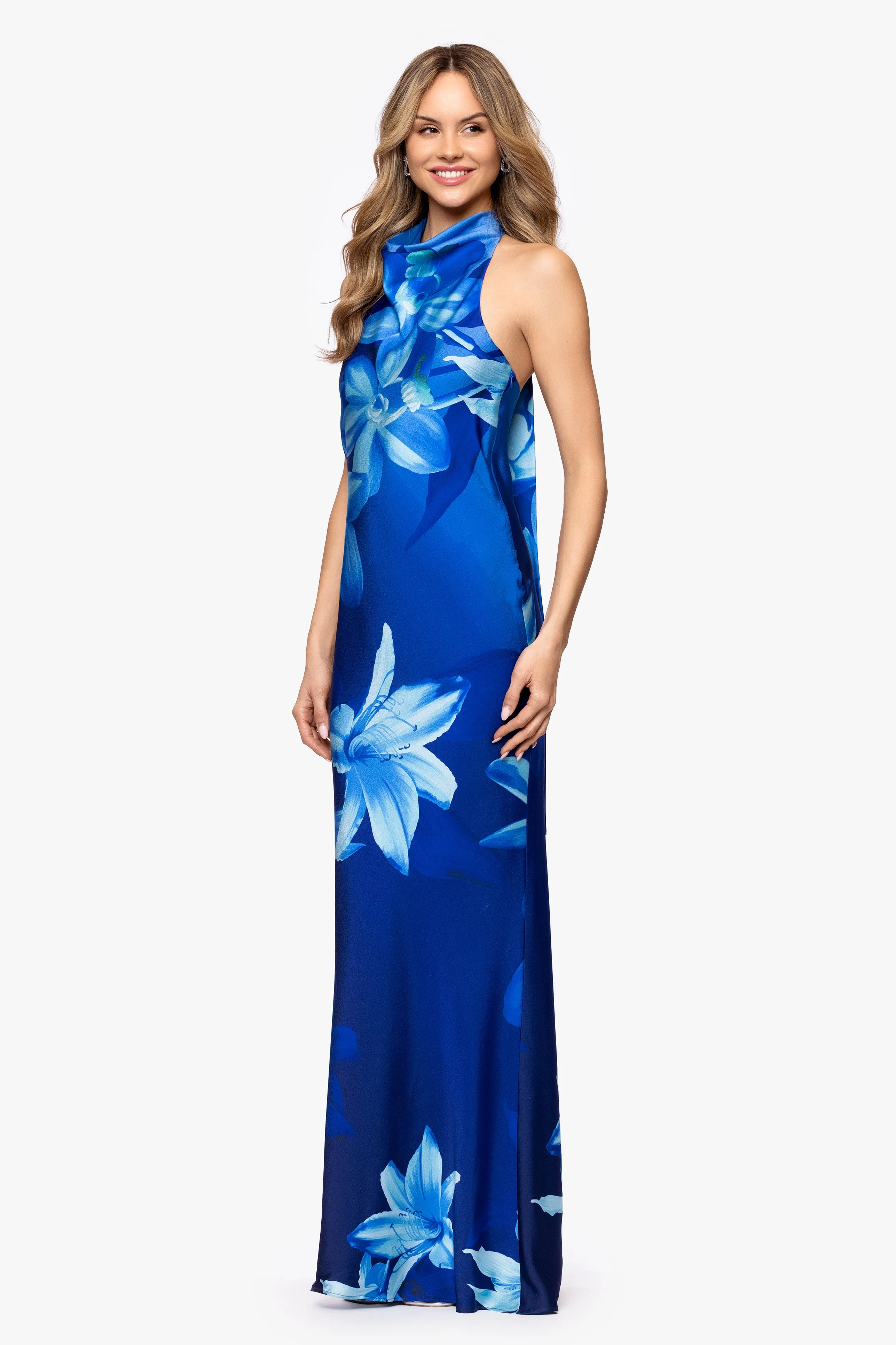 "Maya" Print Satin Halter Neck Floor Length Dress sold by Betsy & Adam product image thumbnail 4