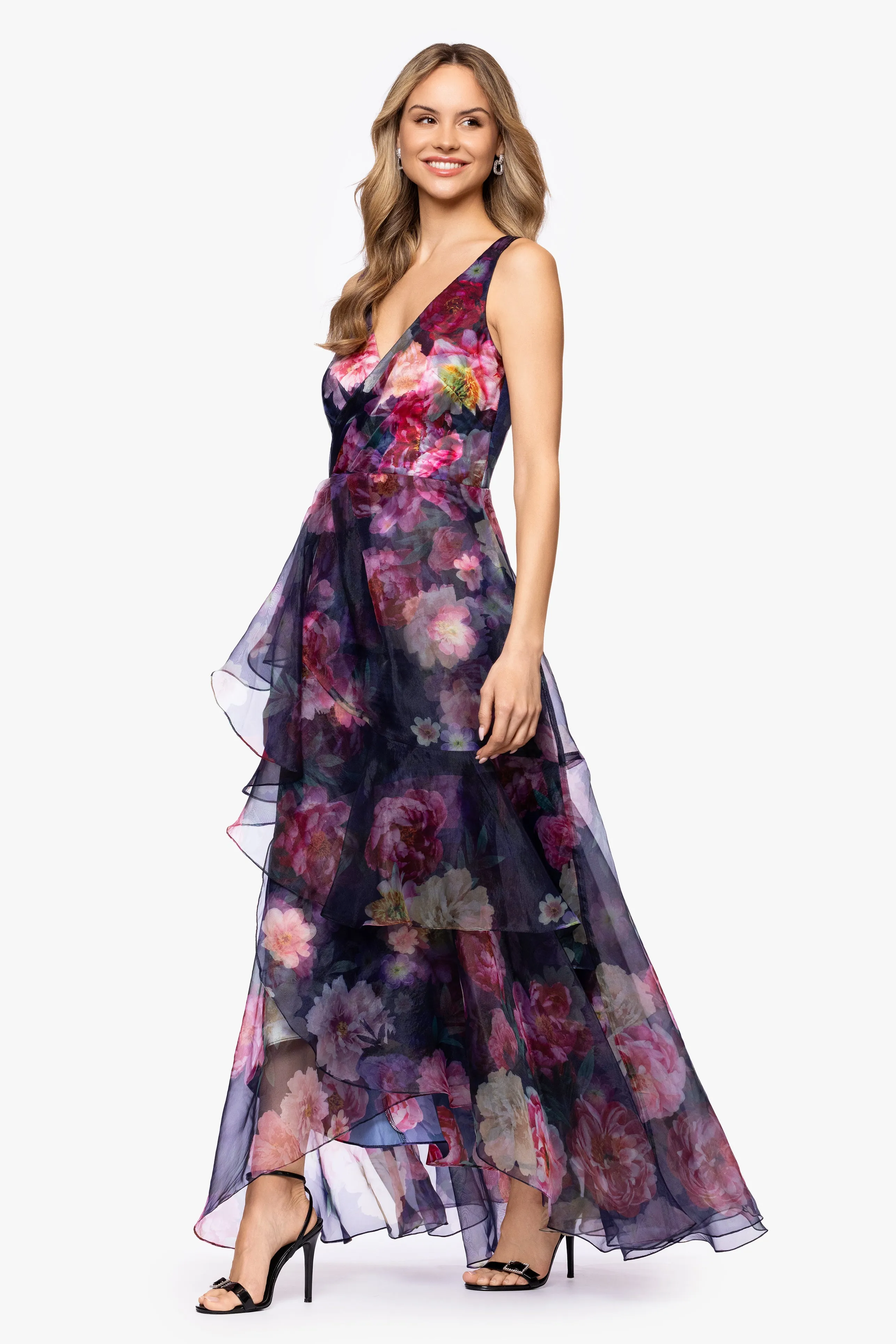"Florence" Printed Organza V-Neck Floor Length Dress sold by Betsy & Adam product image thumbnail 4