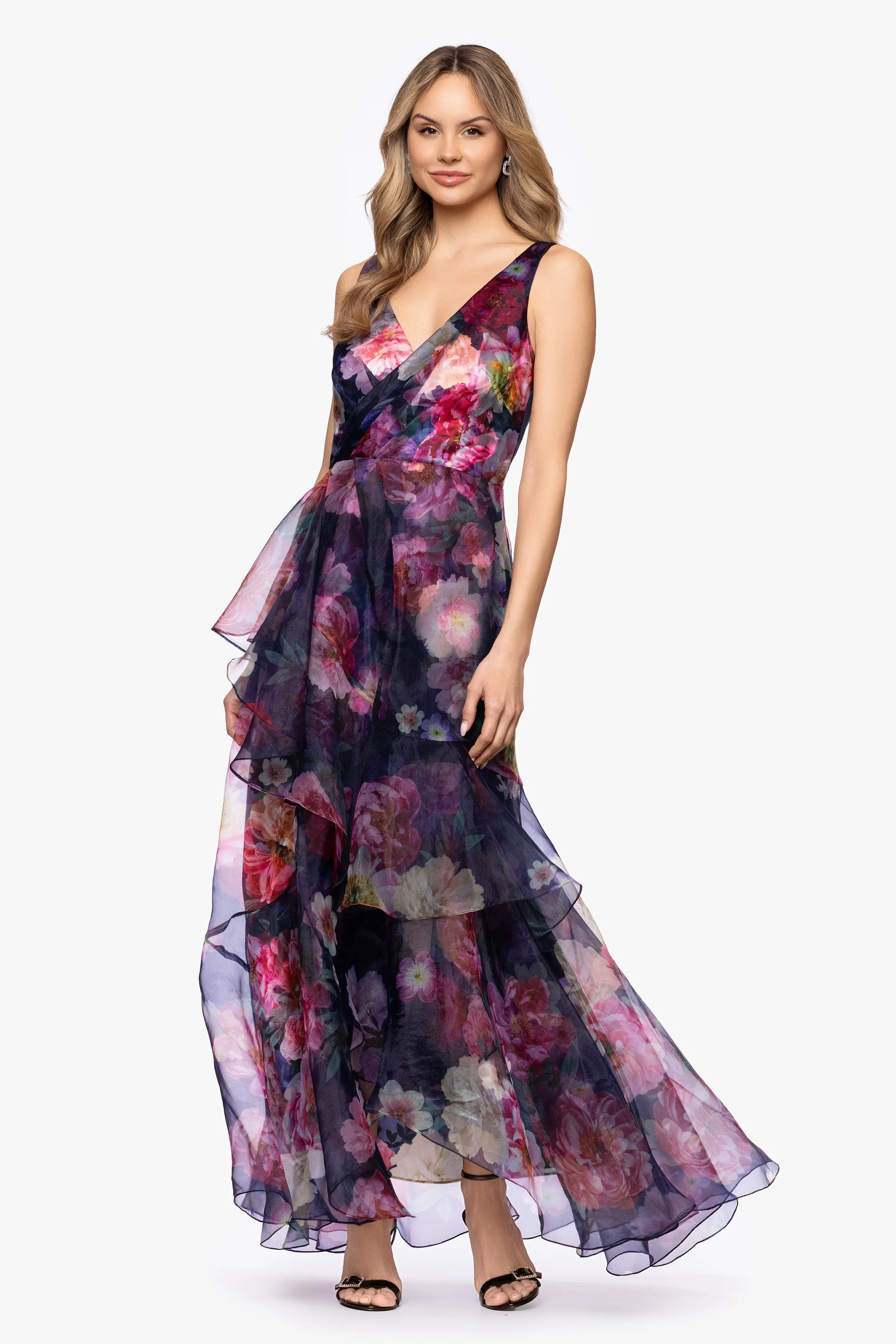 "Florence" Printed Organza V-Neck Floor Length Dress sold by Betsy & Adam product image thumbnail 5