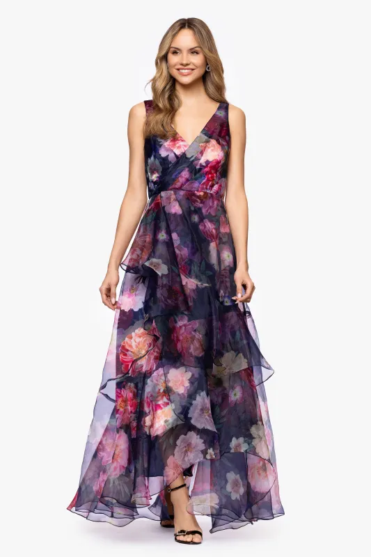 "Florence" Printed Organza V-Neck Floor Length Dress sold by Betsy & Adam
