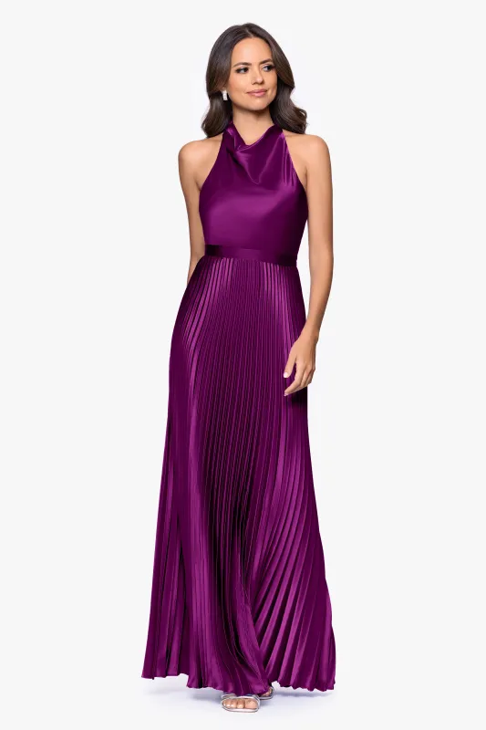 "Claire" Satin Tie Neck Pleated Skirt Floor Length Dress sold by Betsy & Adam