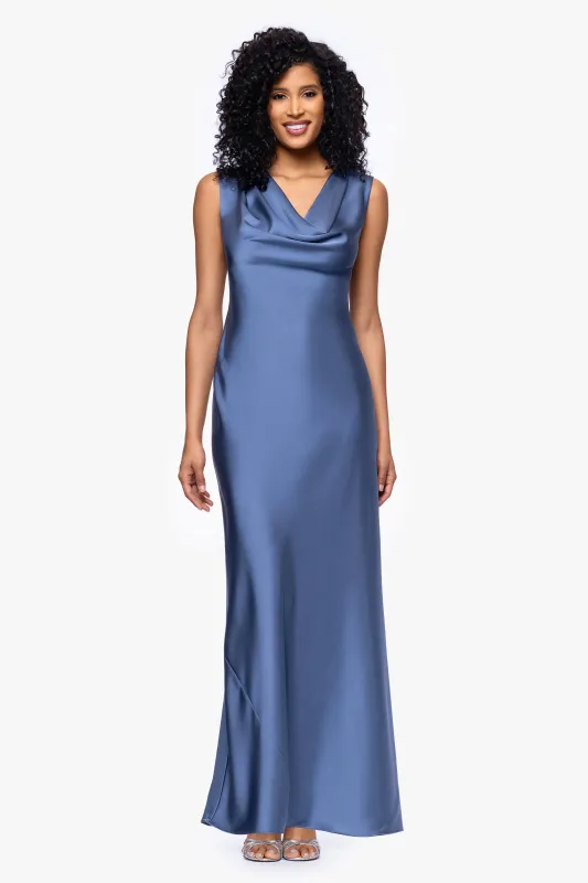 "Amberly" Satin Drape Neck Floor Length Dress sold by Betsy & Adam