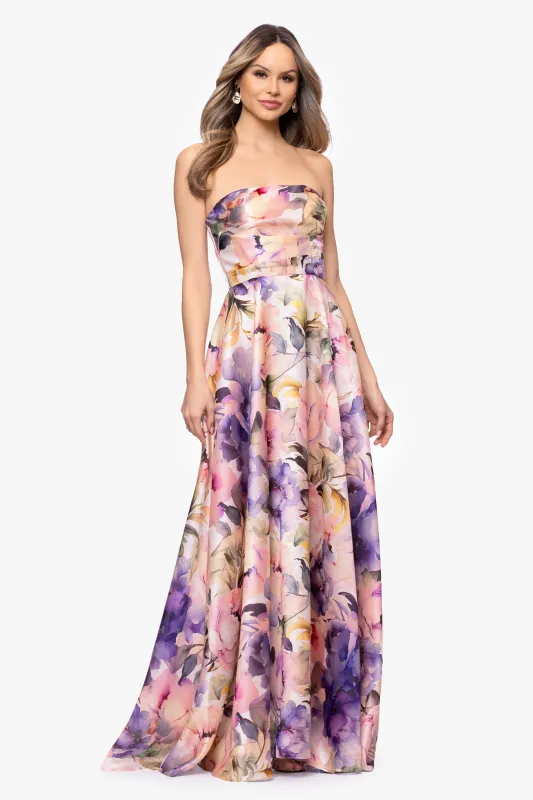 "Louisa" Organza Printed Strapless Floor Length Dress made by Betsy & Adam