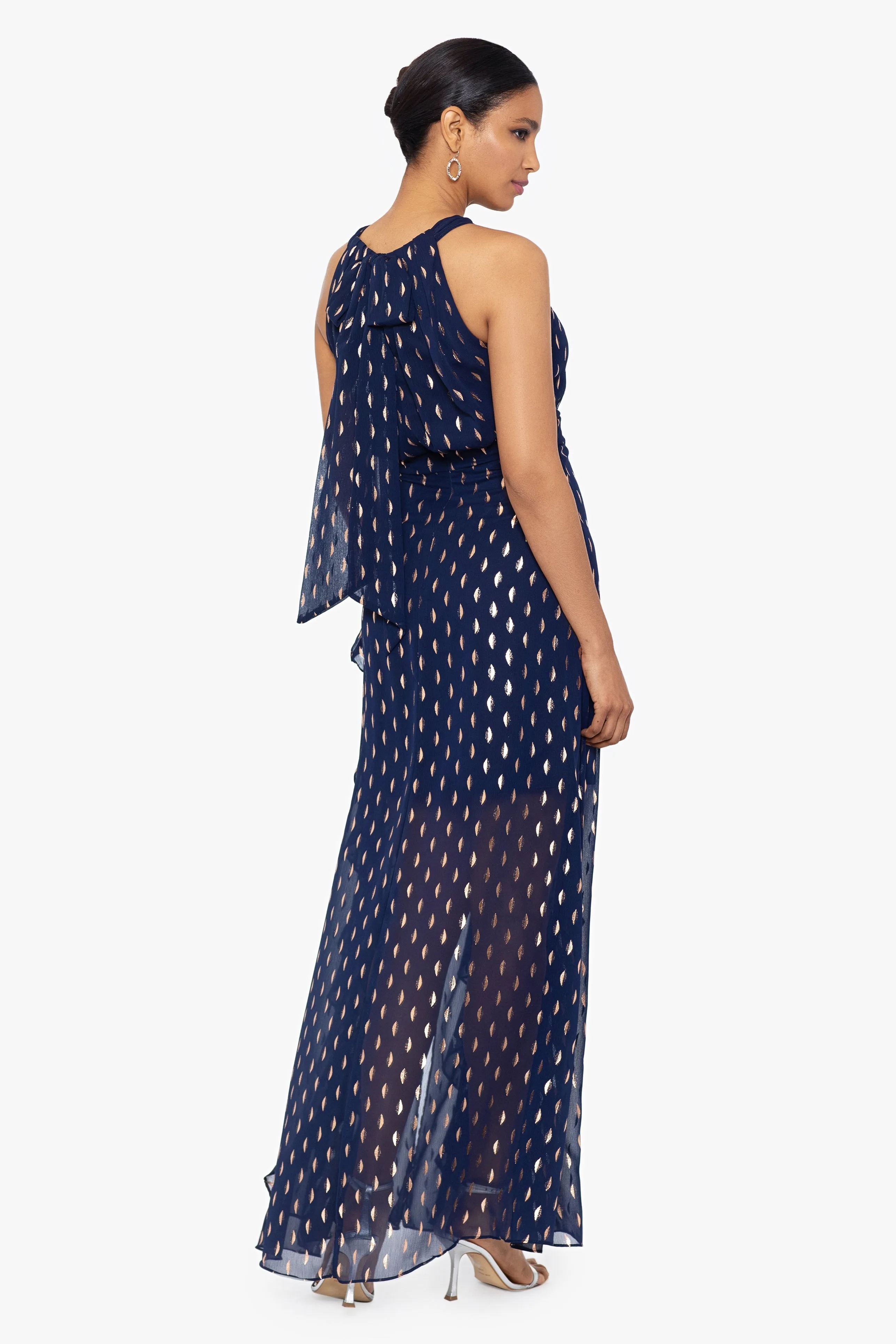 "Karina" Long Chiffon Foil Ruffle Tie Neck Dress sold by Betsy & Adam product image thumbnail 3