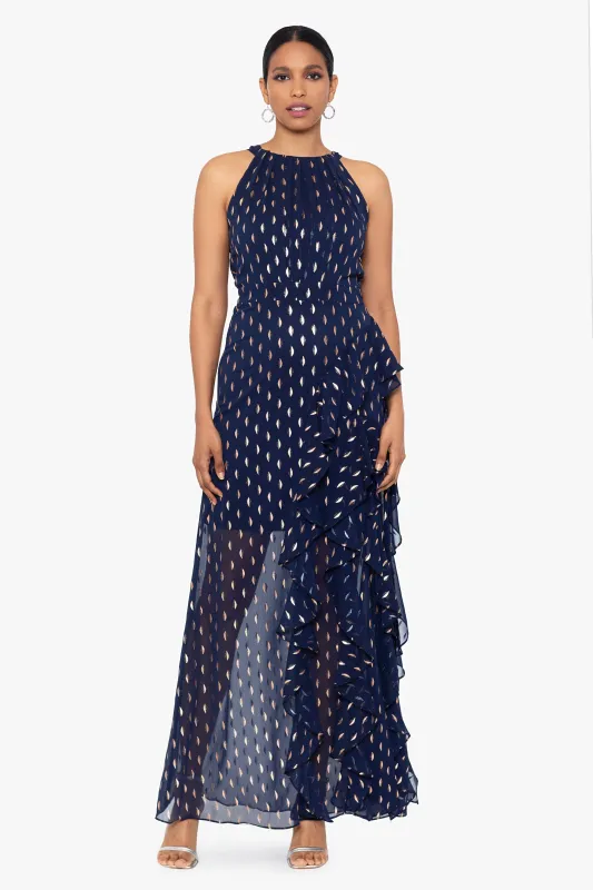 "Karina" Long Chiffon Foil Ruffle Tie Neck Dress sold by Betsy & Adam