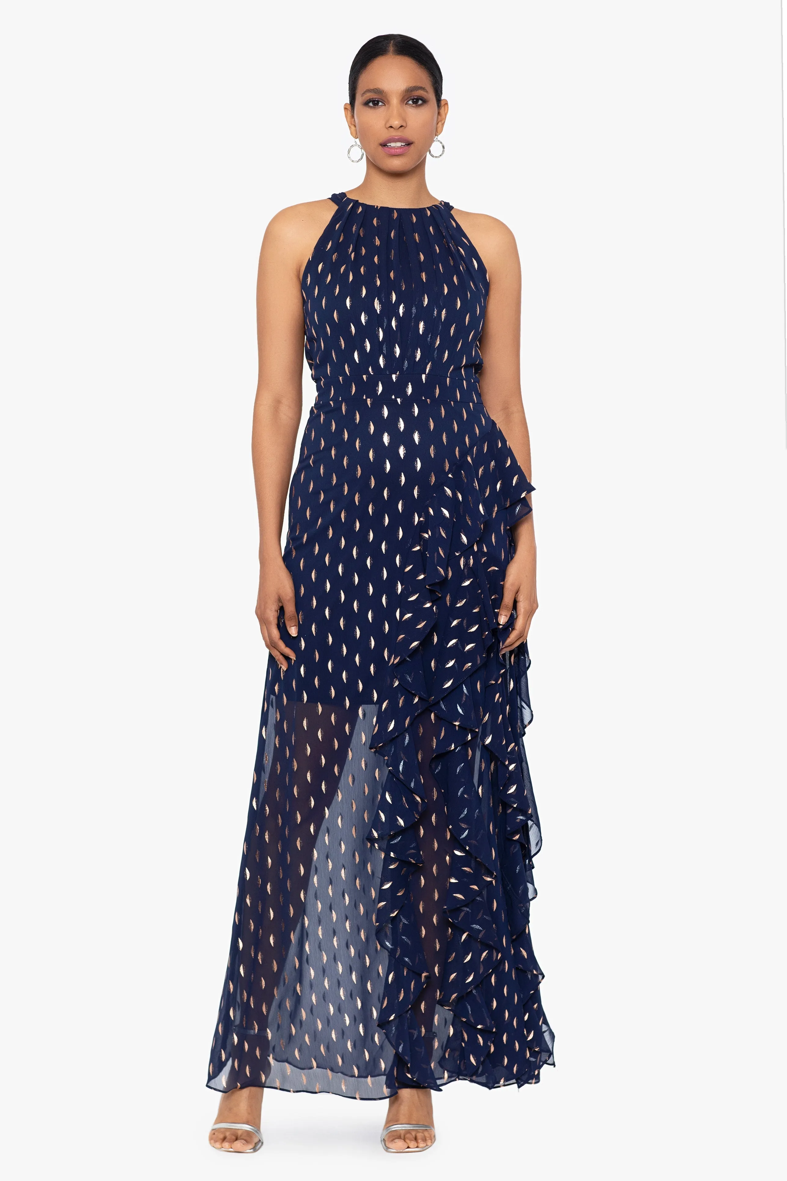 "Karina" Long Chiffon Foil Ruffle Tie Neck Dress sold by Betsy & Adam