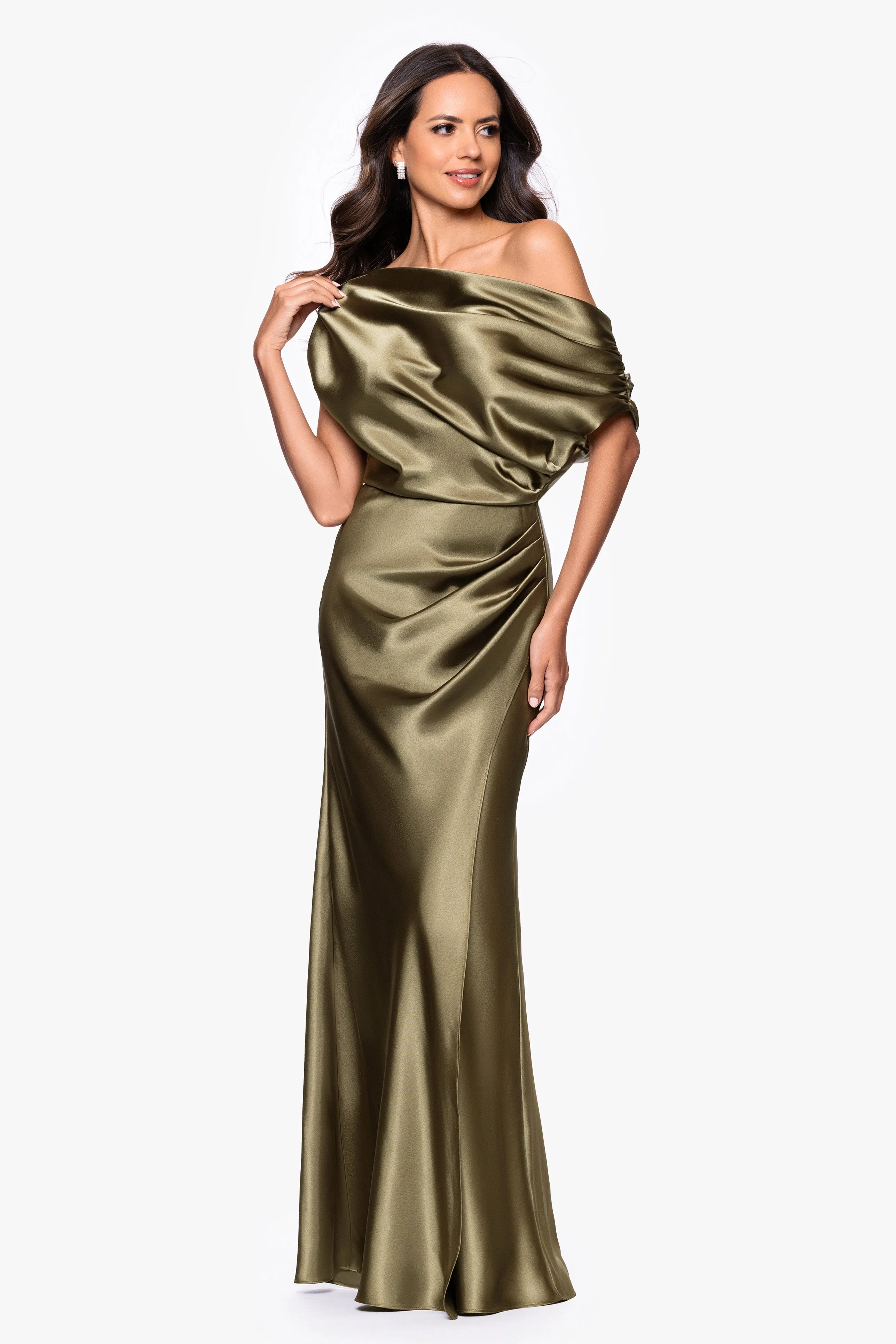 Petite "Sofia" Satin Drop Shoulder Floor Length Dress sold by Betsy & Adam