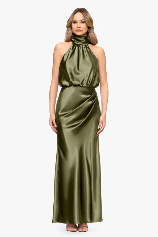 "Tara" Satin Tie Neck Floor Length Dress sold by Betsy & Adam