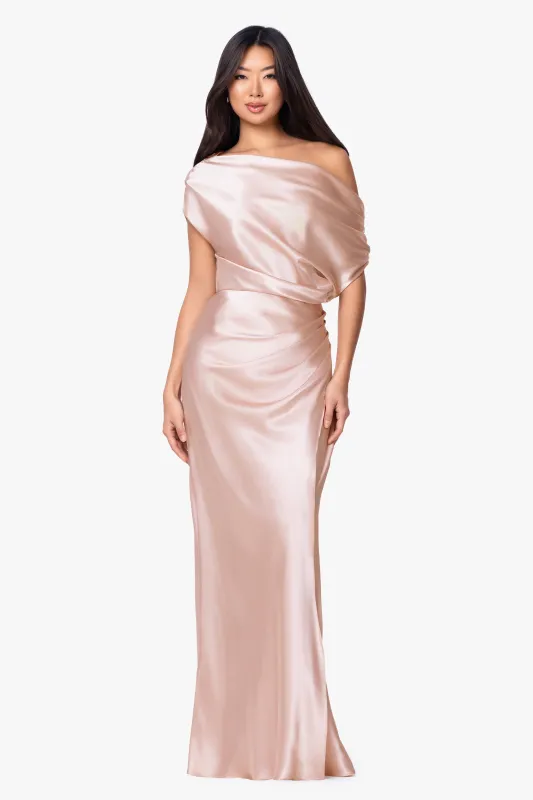 "Sofia" Satin Drop Shoulder Floor Length Dress made by Betsy & Adam