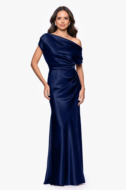 Petite "Sofia" Satin Drop Shoulder Floor Length Dress made by Betsy & Adam
