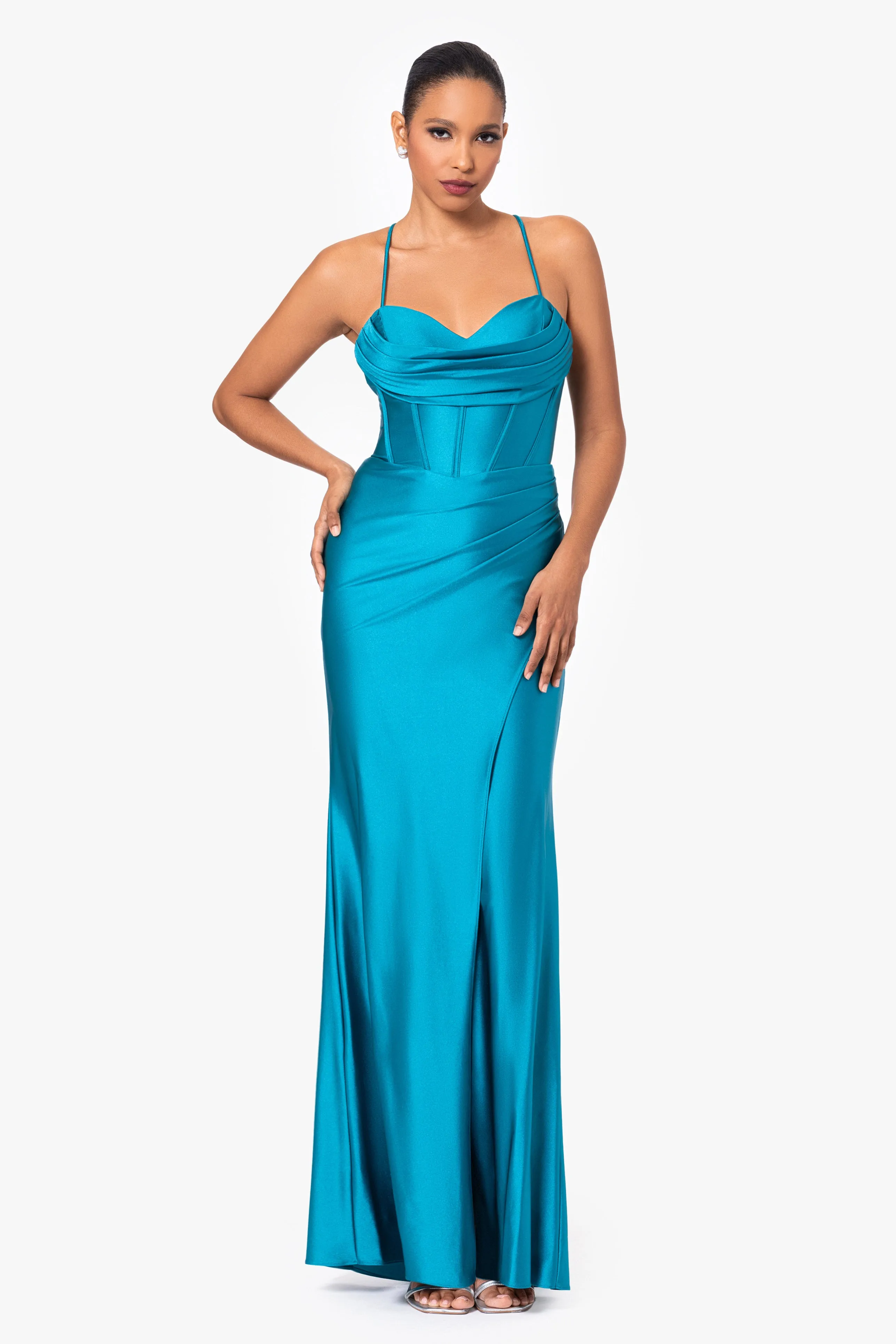 "Talia" Long Sateen Corset Lace Up Back Dress sold by Betsy & Adam product image thumbnail 5