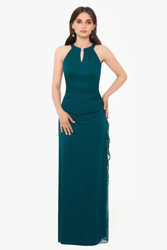 Petite "Petra" Sheer Matte Jersey Key Hole Floor Length Dress sold by Betsy & Adam