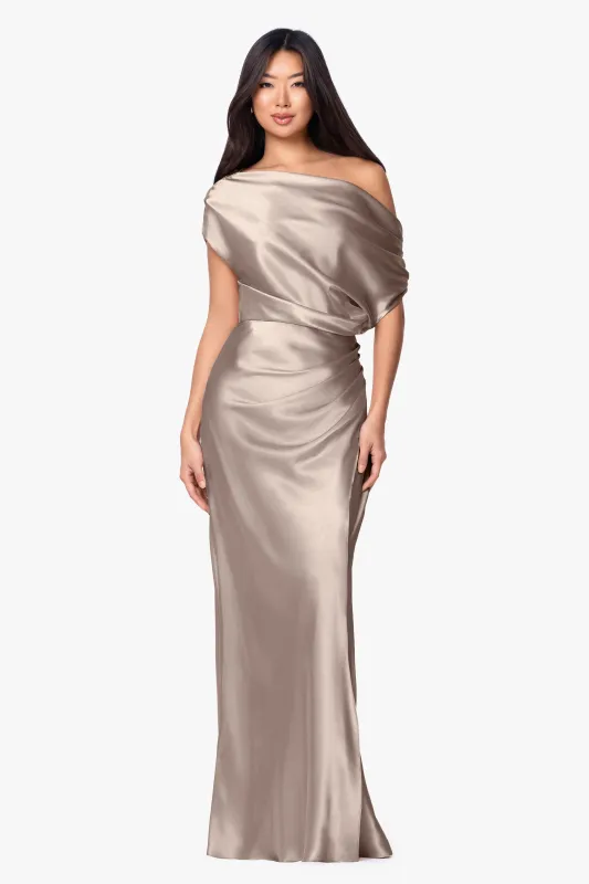 "Sofia" Satin Drop Shoulder Floor Length Dress sold by Betsy & Adam