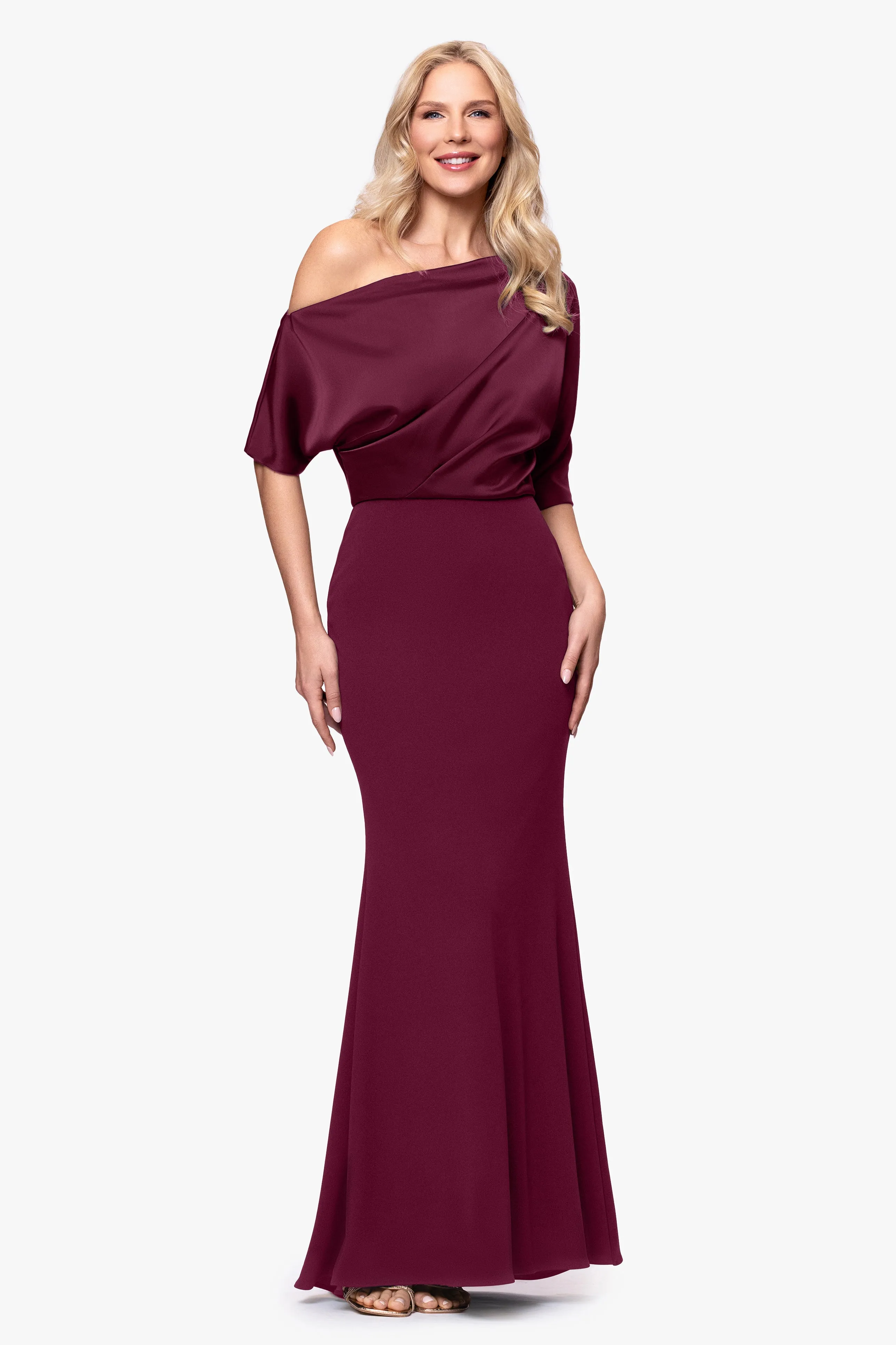 "Ana" Scuba Crepe Satin Drop Shoulder Floor Length Dress sold by Betsy & Adam