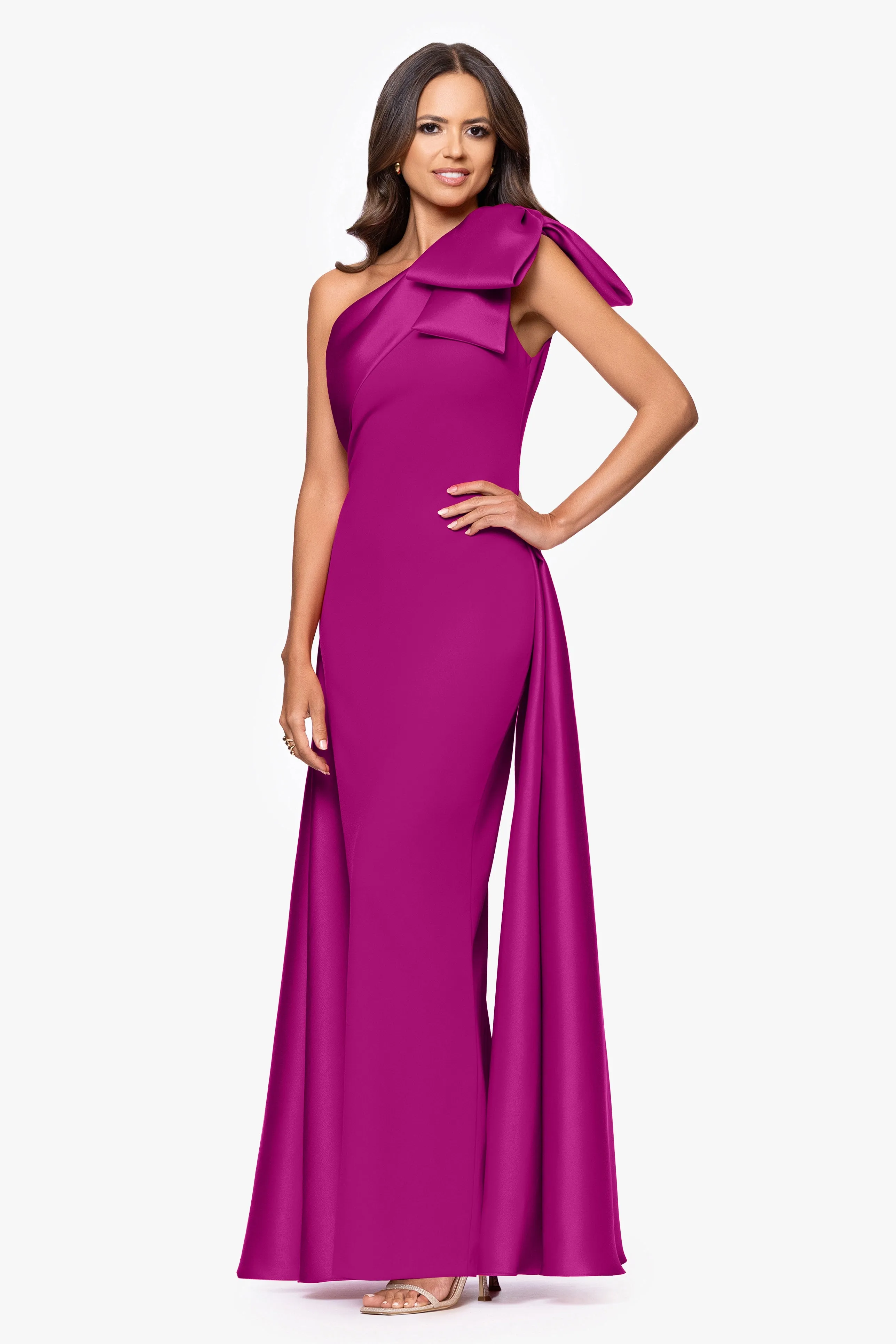 "Rosalie" Scuba Crepe One Shoulder Bow Embellished Floor Length Gown sold by Betsy & Adam product image thumbnail 4