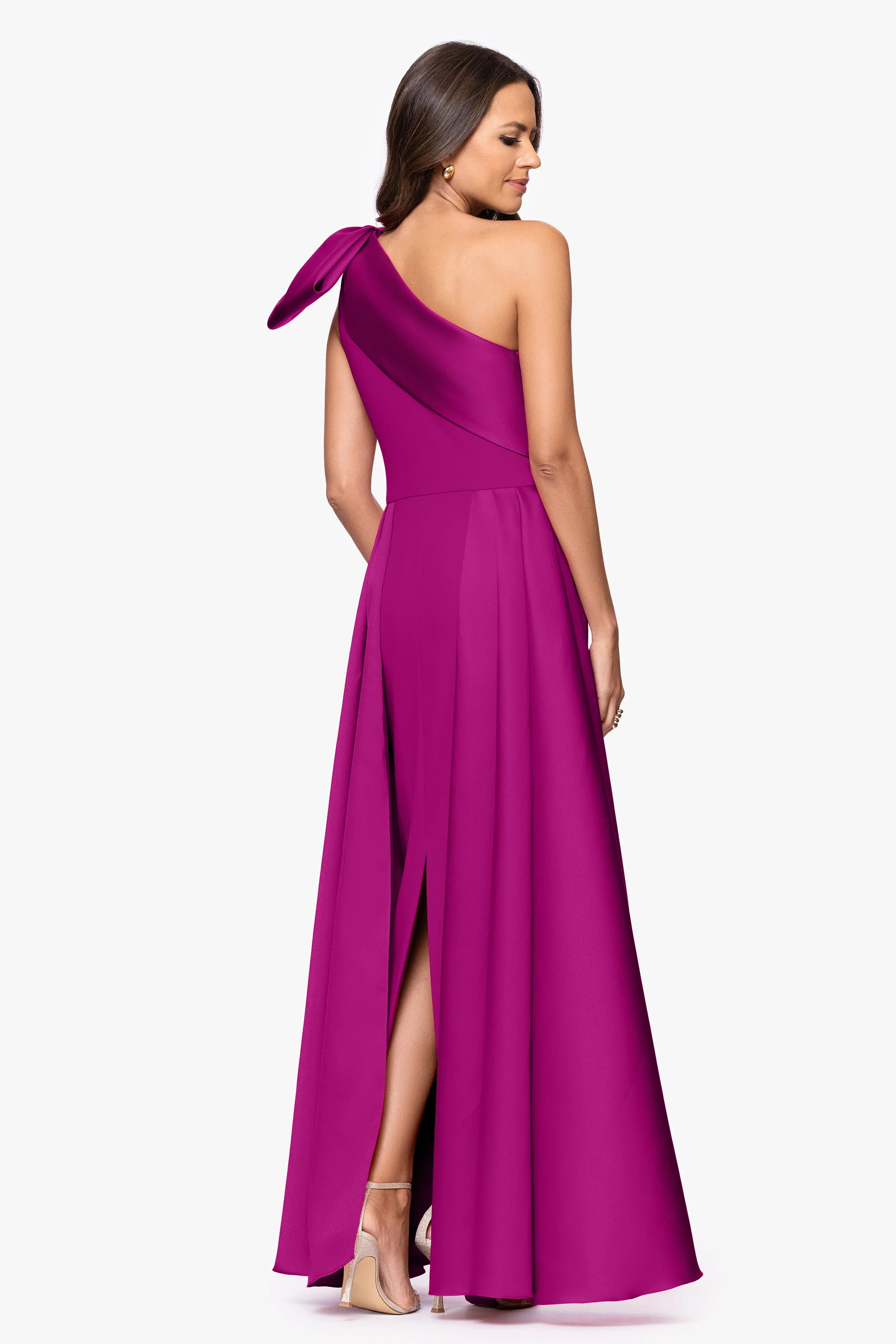 "Rosalie" Scuba Crepe One Shoulder Bow Embellished Floor Length Gown sold by Betsy & Adam product image thumbnail 3