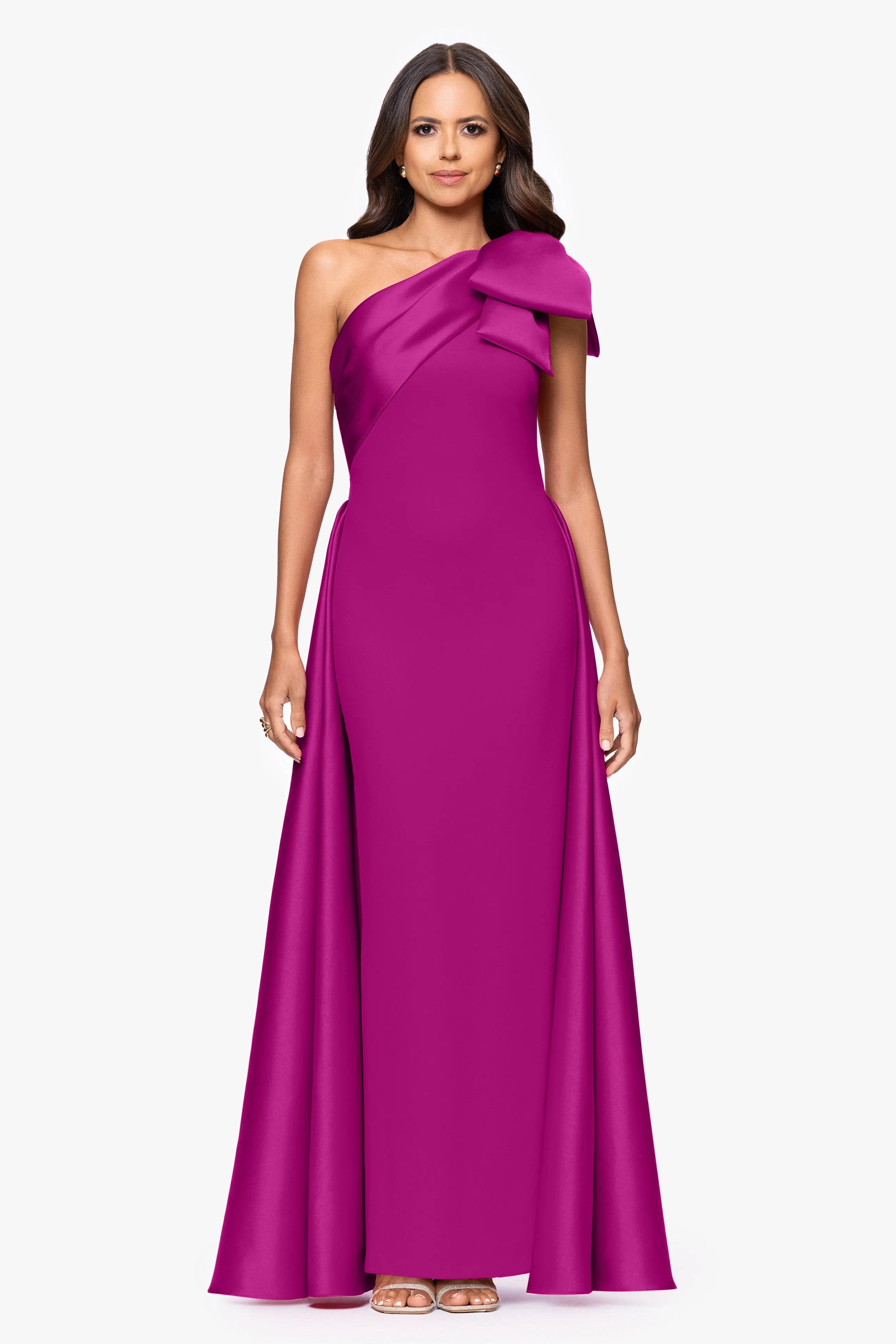 "Rosalie" Scuba Crepe One Shoulder Bow Embellished Floor Length Gown sold by Betsy & Adam