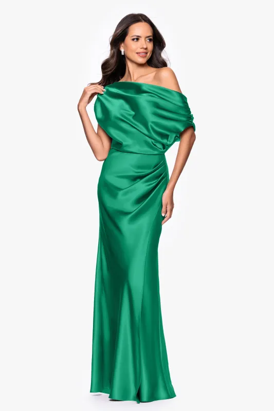 "Sofia" Satin Drop Shoulder Floor Length Dress made by Betsy & Adam