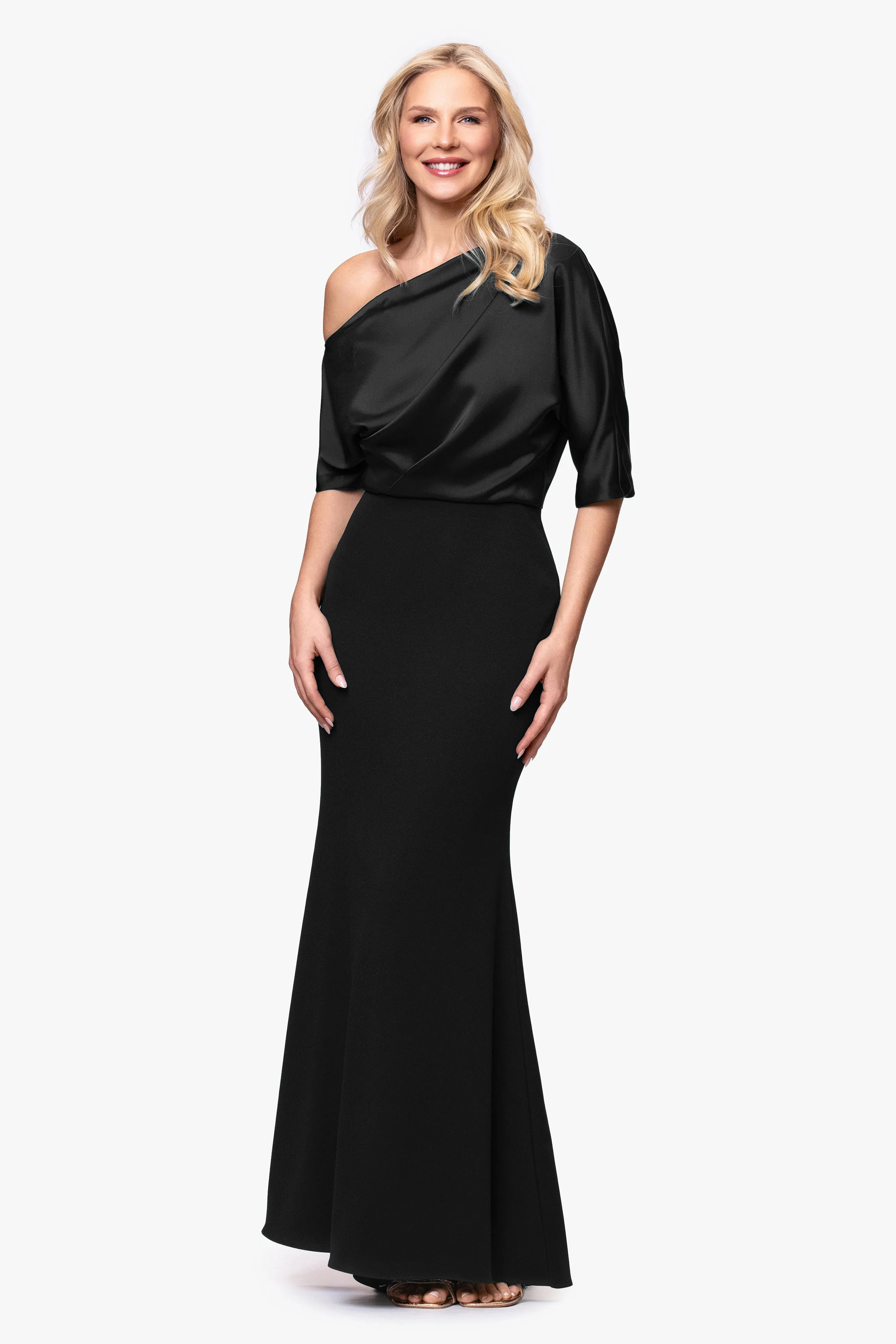 "Ana" Scuba Crepe Satin Drop Shoulder Floor Length Dress sold by Betsy & Adam