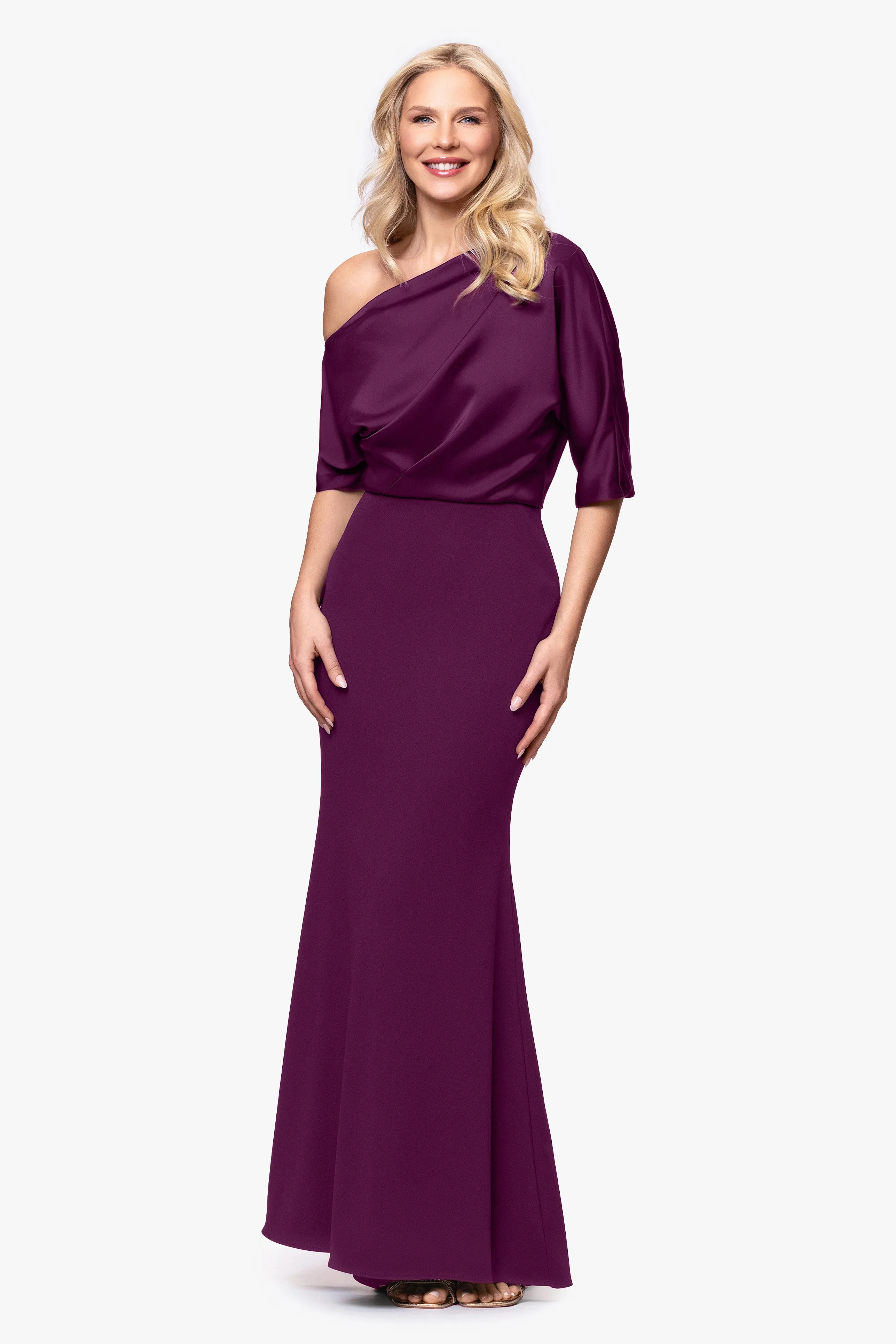 "Ana" Scuba Crepe Satin Drop Shoulder Floor Length Dress sold by Betsy & Adam