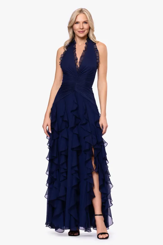 "Noor" Sheer Matte Jersey V-Neck Corkscrew Skirt Floor Length Dress made by Betsy & Adam