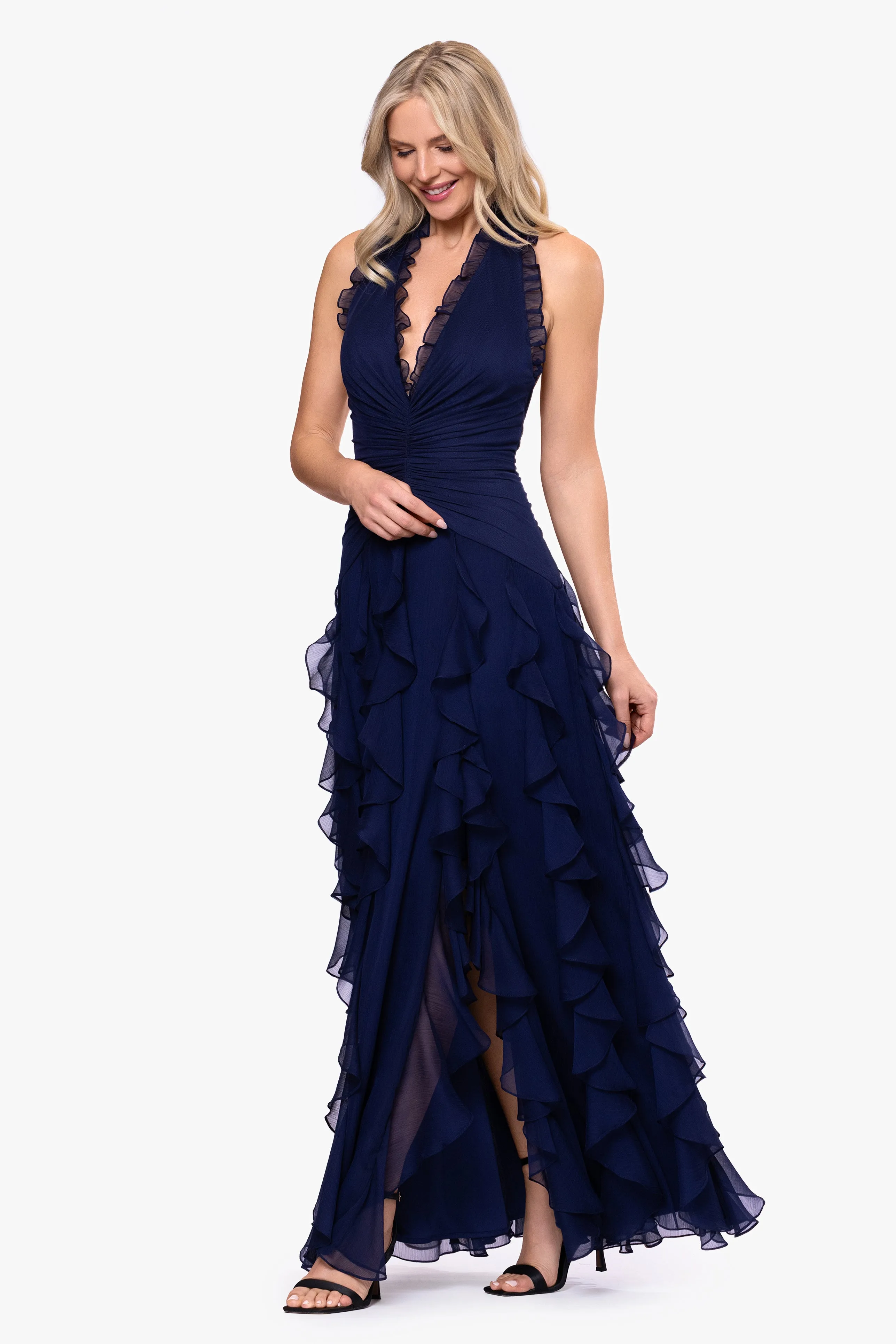 "Noor" Sheer Matte Jersey V-Neck Corkscrew Skirt Floor Length Dress sold by Betsy & Adam product image thumbnail 4